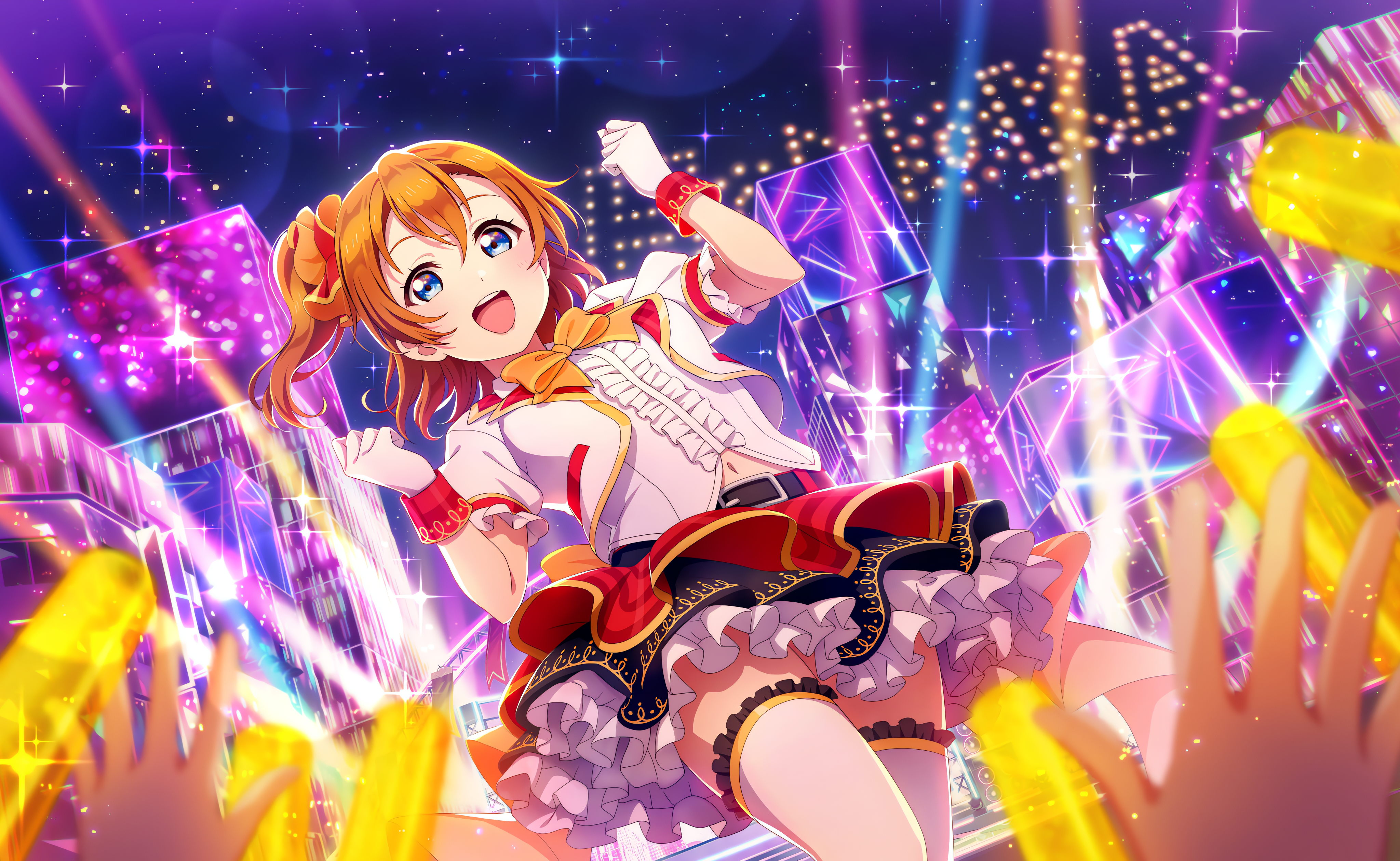 Anime 4096x2520 Kousaka Honoka Love Live! anime anime girls open mouth stars bow tie dress lights stages stage light looking at viewer belly button