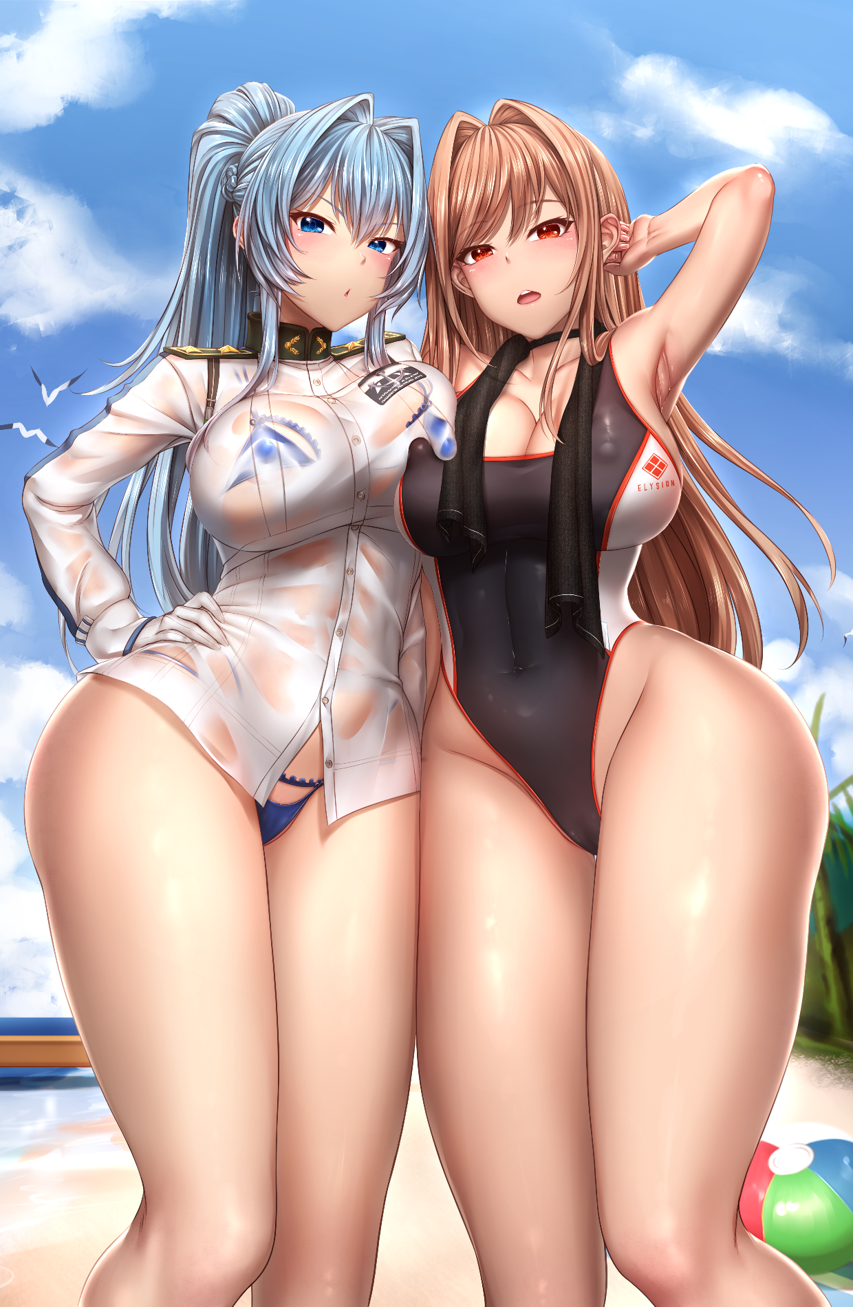 Anime 1240x1900 Nikke: The Goddess of Victory anime girls portrait display Helm (Nikke) two women Rapi (Nikke: The Goddess of Victory) swimwear wet clothing boobs on boobs thighs nipple bulge cleavage one-piece swimsuit sky huge breasts white shirt one arm up long hair ponytail looking at viewer light blue hair blue eyes redhead women outdoors red eyes hands on hips armpits black swimsuit Yui Hiroshi thick thigh blue bikini white gloves beach ball open mouth see-through clothing ball beach women on beach birds sand bikini clouds braids wet