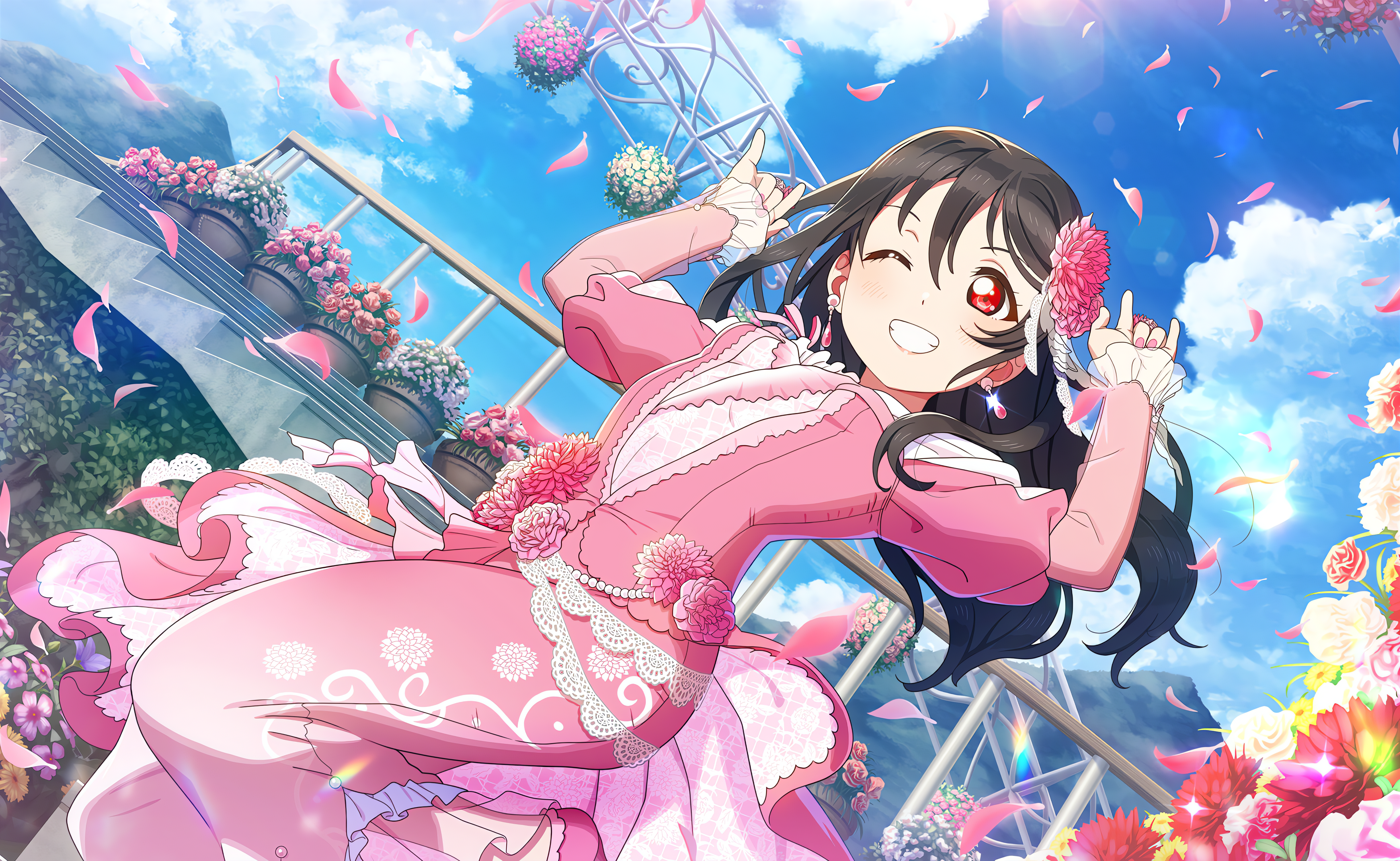 Anime 4096x2520 Yazawa Nico Love Live! anime anime girls sky sunlight clouds one eye closed petals flower in hair dress flowers smiling earring looking at viewer wink long hair mountains