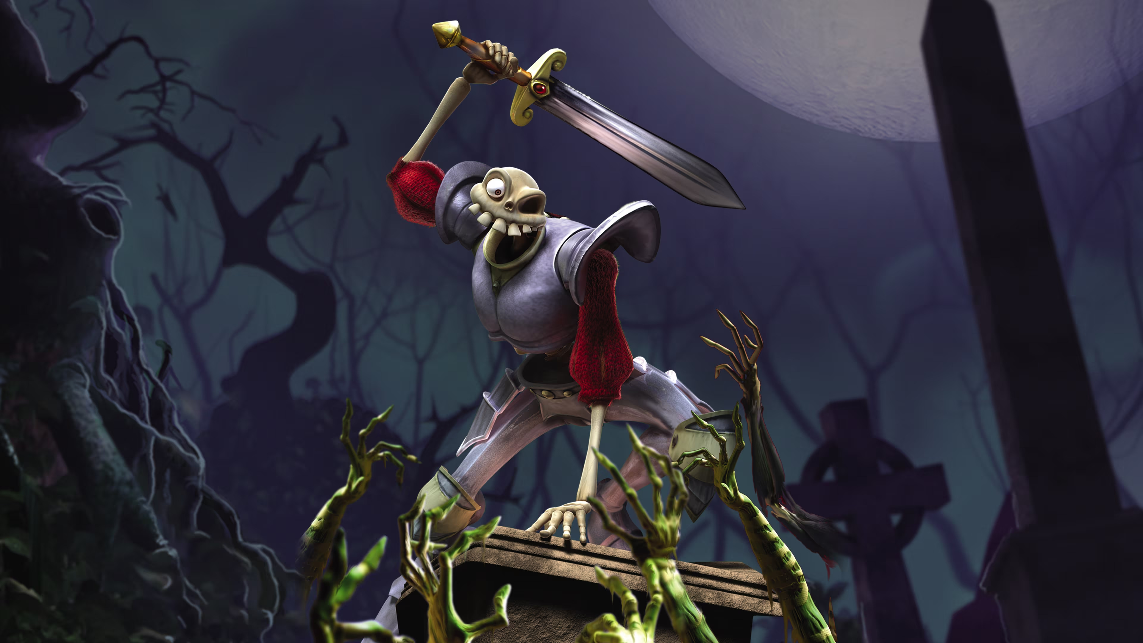 General 3840x2160 video game art video games PlayStation skeleton sword tombstones MediEvil (Game) video game characters teeth armor weapon night Moon zombies
