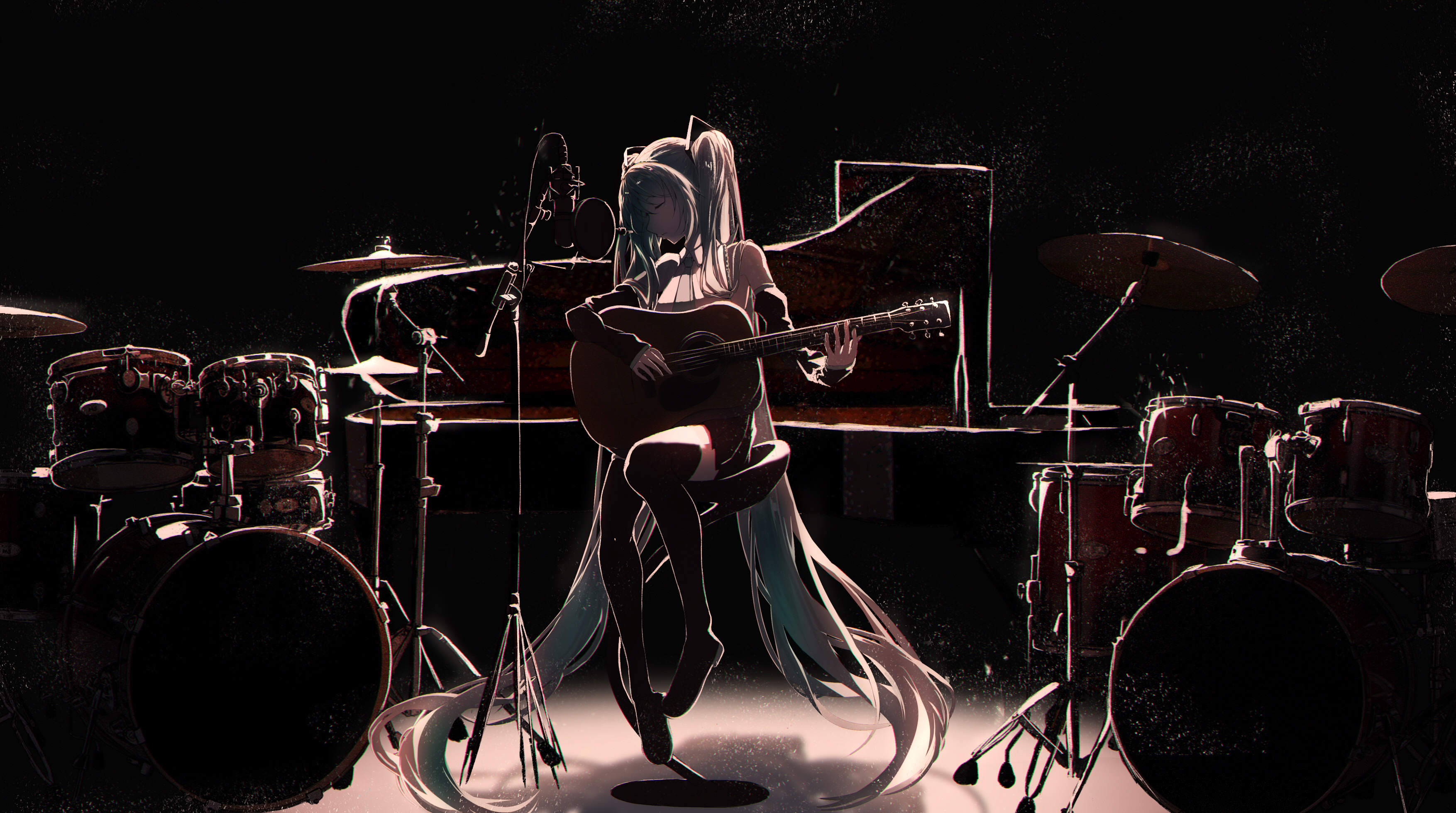 Anime 3508x1960 anime Pixiv Hatsune Miku Vocaloid drums guitar musical instrument long hair twintails closed eyes microphone blue eyes sitting chair anime girls