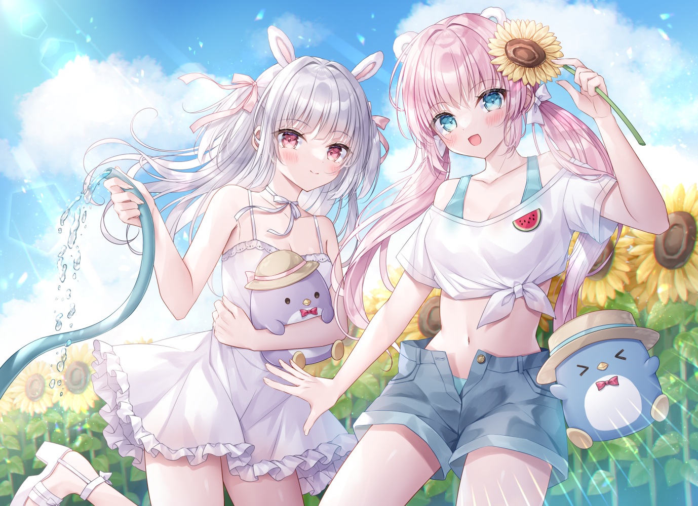 Anime 1378x1000 anime anime girls waterhose water sky clouds sunlight looking at viewer blushing sunflowers flowers smiling open mouth belly button shorts choker standing long hair twintails leaves dress