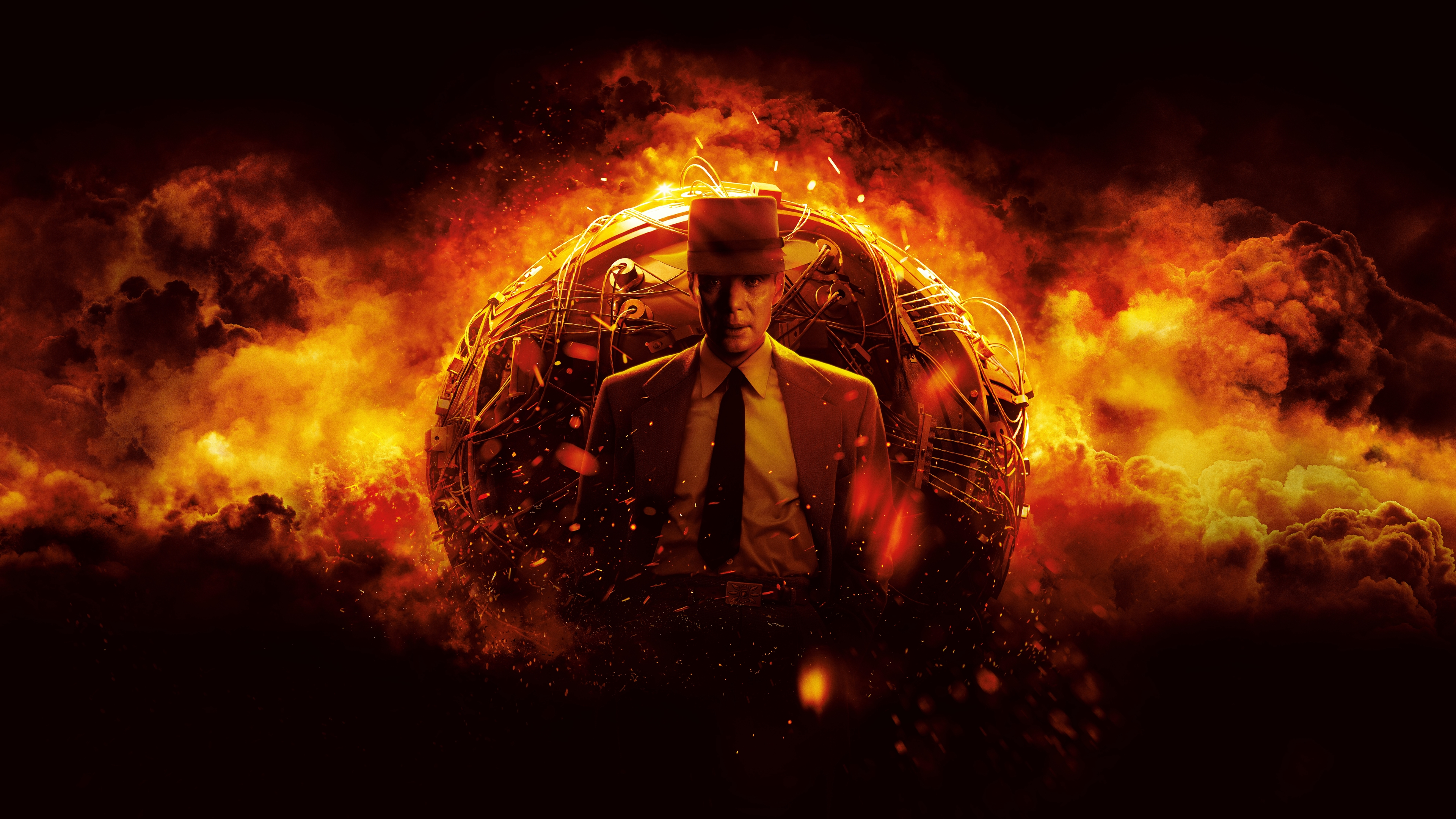 General 3840x2160 J. Robert Oppenheimer Cillian Murphy movies movie poster atomic bomb explosion actor technology Christopher Nolan nuclear sparks mushroom clouds scientists looking at viewer men hat Oppenheimer (2023)