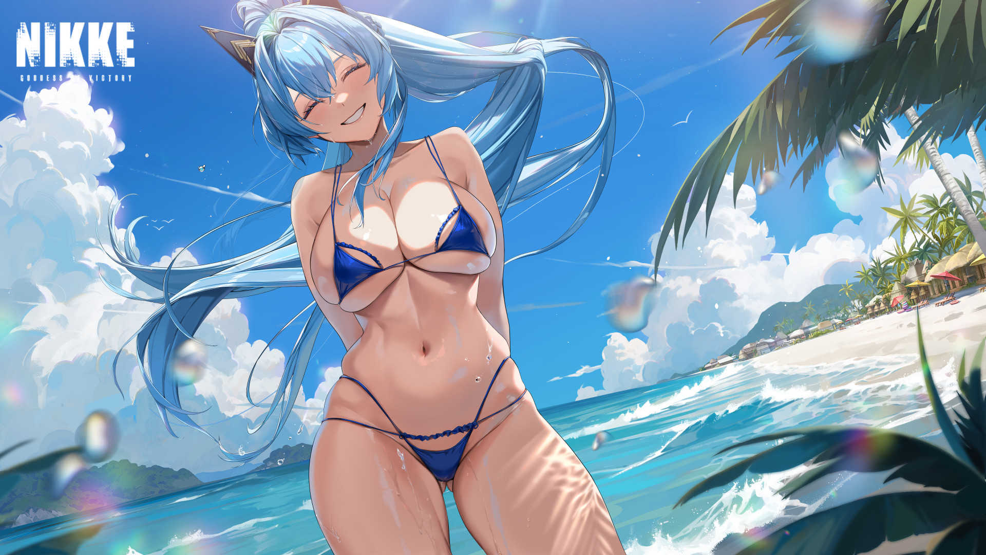 Anime 1920x1080 Nikke: The Goddess of Victory anime girls blue bikini Helm (Nikke) smiling string bikini blue hair closed eyes clouds beach head tilt water drops water blue swimsuit belly belly button horizon huge breasts cleavage palm trees pinkmill waves thighs sky long hair women on beach bright