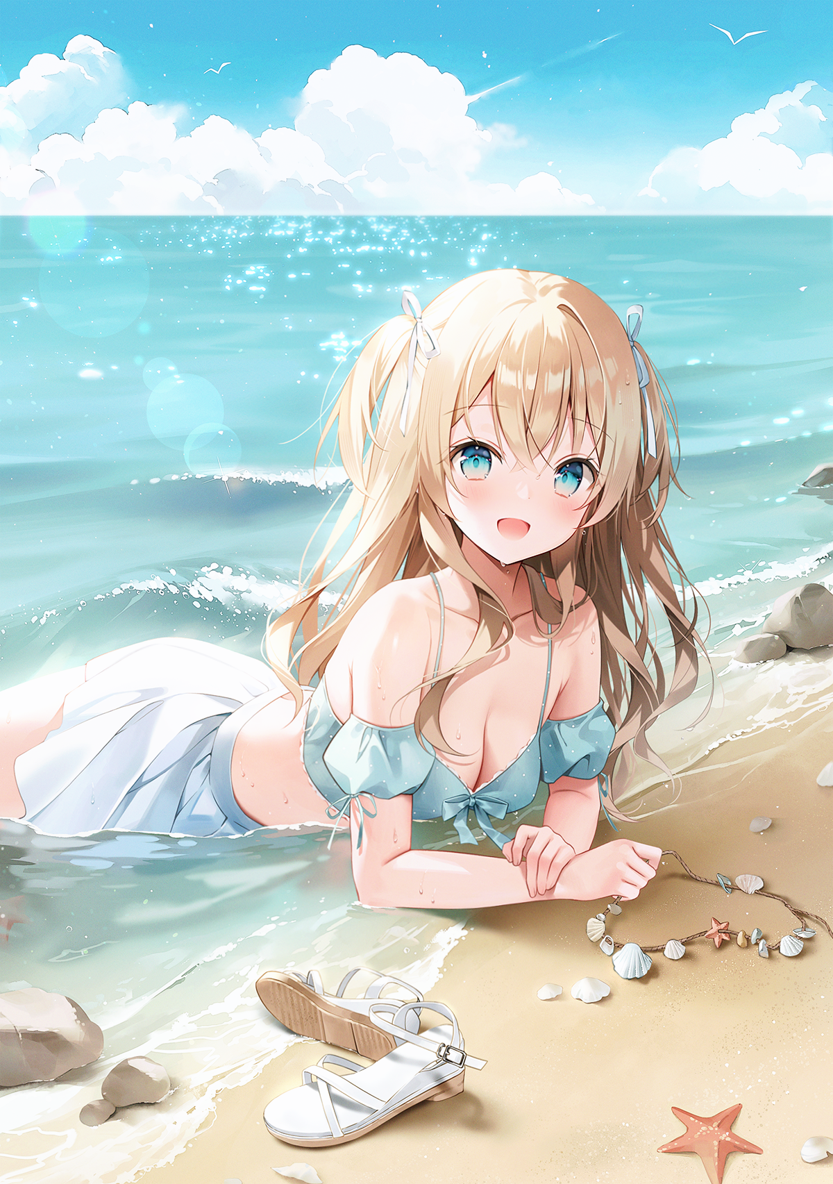 Anime 1200x1705 Pixiv anime anime girls portrait display cleavage lying on front lying down water waves beach sand starfish looking at viewer sky clouds swimwear seashells rocks blushing open mouth long hair blonde blue eyes