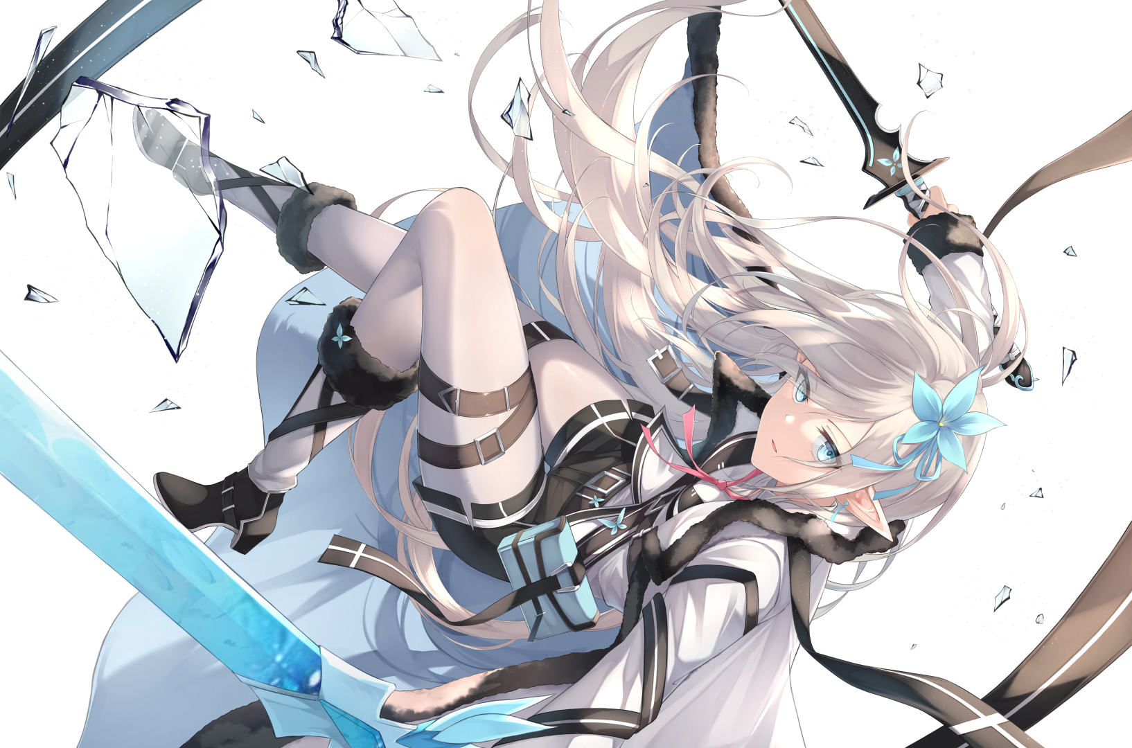Anime 1634x1080 anime anime girls pointy ears long hair looking at viewer sword weapon flower in hair broken glass minimalism simple background blonde white background digital art