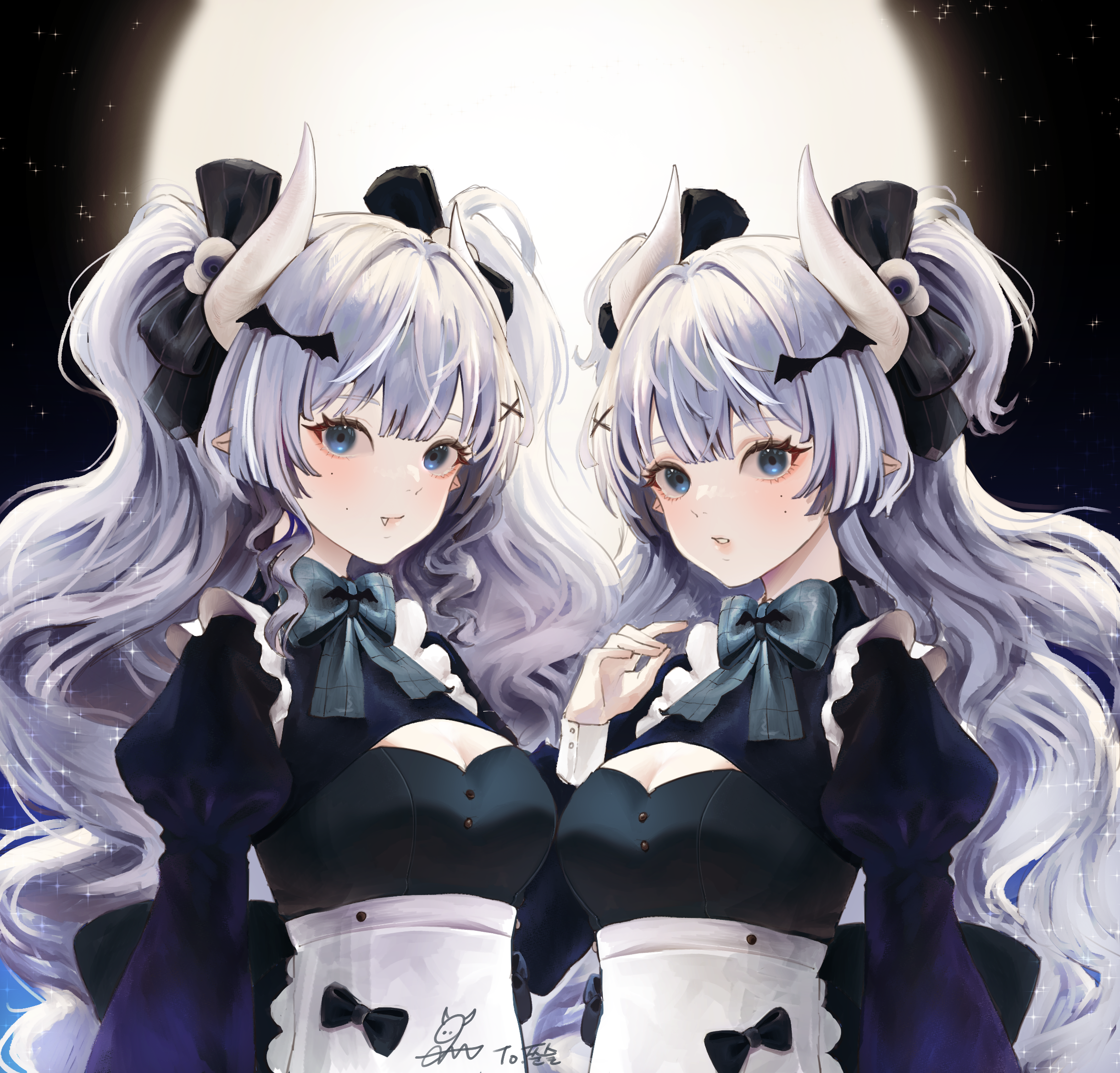 Anime 2341x2242 anime anime girls original characters maid outfit twintails horns gray hair two women twins artwork digital art looking at viewer maid long hair bow tie pointy ears signature blue eyes