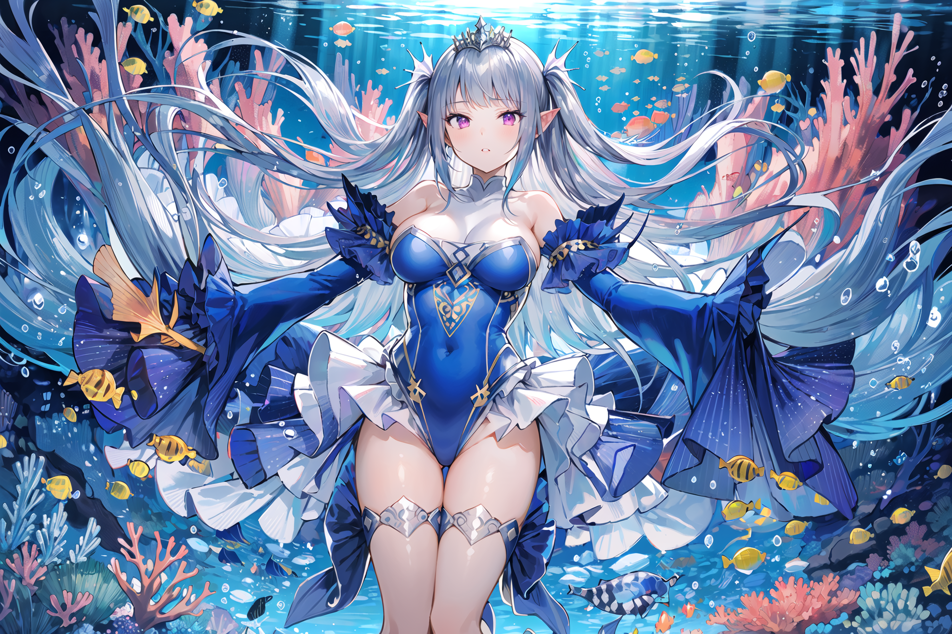 Anime 1920x1280 anime anime girls Yu-Gi-Oh! AI art Tearlaments Scheiren long hair gray hair twintails solo artwork digital art fan art pointy ears looking at viewer coral fish animals underwater in water water tiaras bubbles