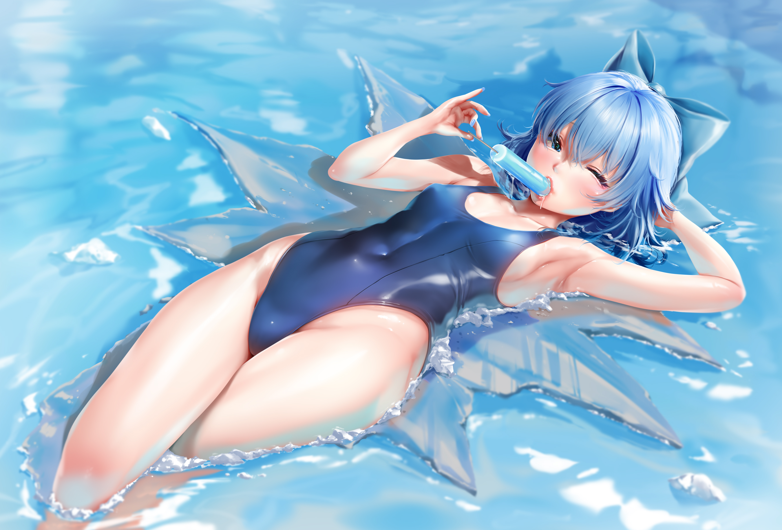 Anime 2700x1832 one-piece swimsuit Touhou Nironiro swimwear anime girls popsicle armpits sideboob thighs water lying down lying on back blue hair blue eyes looking at viewer wink one eye closed Cirno