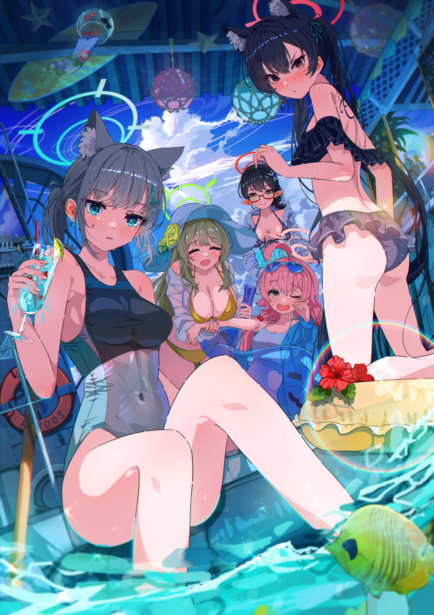 Anime 1457x2064 Blue Archive swimwear anime girls portrait display Ayane (Blue Archive) water Takanashi Hoshino (Blue Archive) Izayoi Nonomi (Blue Archive) Kuromi Serika (Blue Archive) Shiroko (Blue Archive) fish group of women hibiscus women looking at viewer looking back animals animal ears big boobs cleavage bent over pointy ears closed eyes Sakatsuki Yakumo back long hair open mouth glasses one eye closed one-piece swimsuit bikini sun hats aqua eyes blushing hat clouds summer drink cup sunglasses wind chimes flowers thighs legs