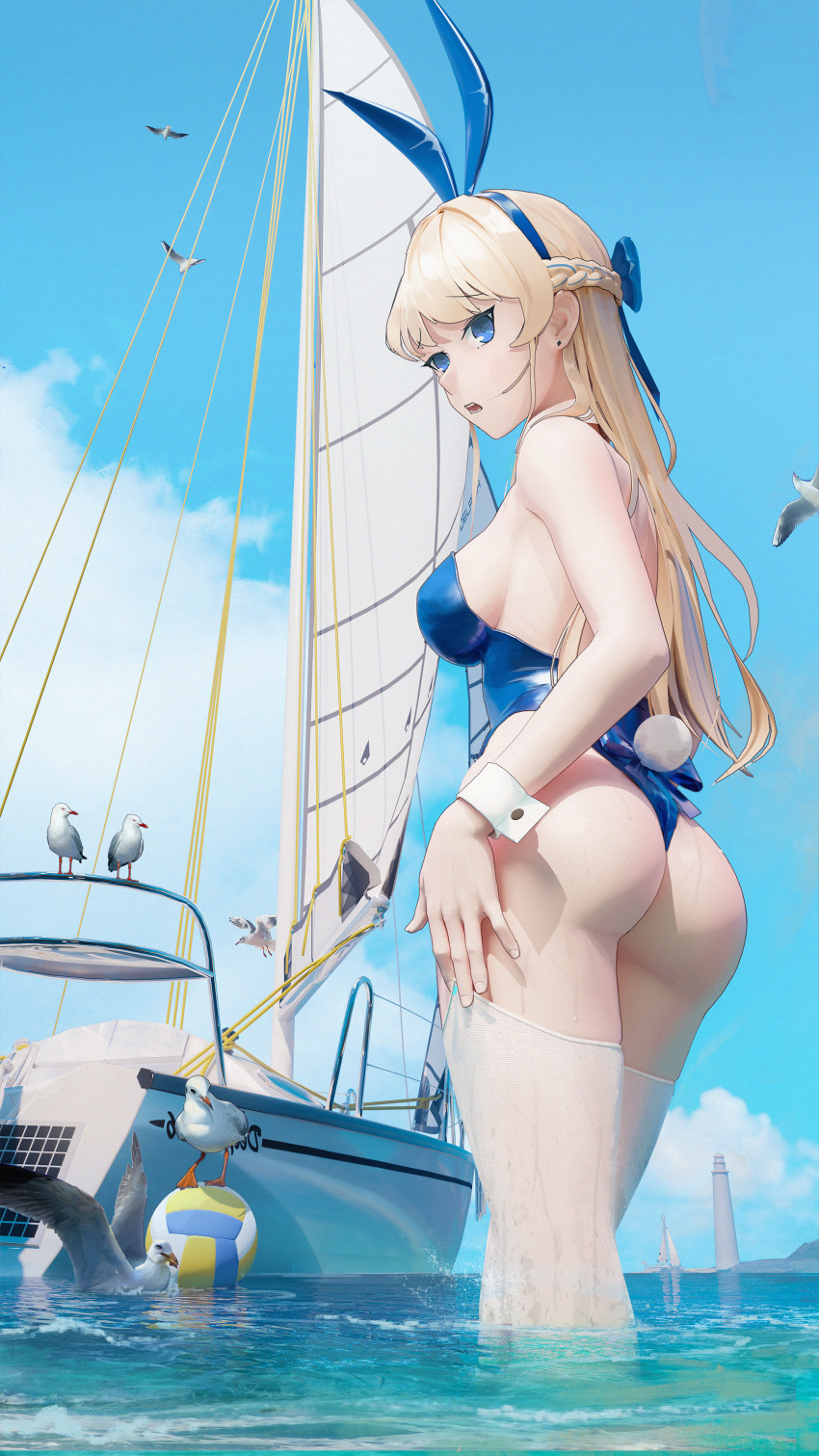 Anime 850x1511 Blue Archive lighthouse anime girls portrait display Asuma Toki (Blue Archive) bunny suit bunny girl blue leotard leotard white stockings stockings animal ears bunny ears bunny tail beach ball rear view long hair blonde looking back looking at viewer boobs big boobs microphone open mouth sideboob ass standing in water walking animals seagulls braids blue eyes water drops dcgoss bare shoulders birds boat clouds thighs water sky