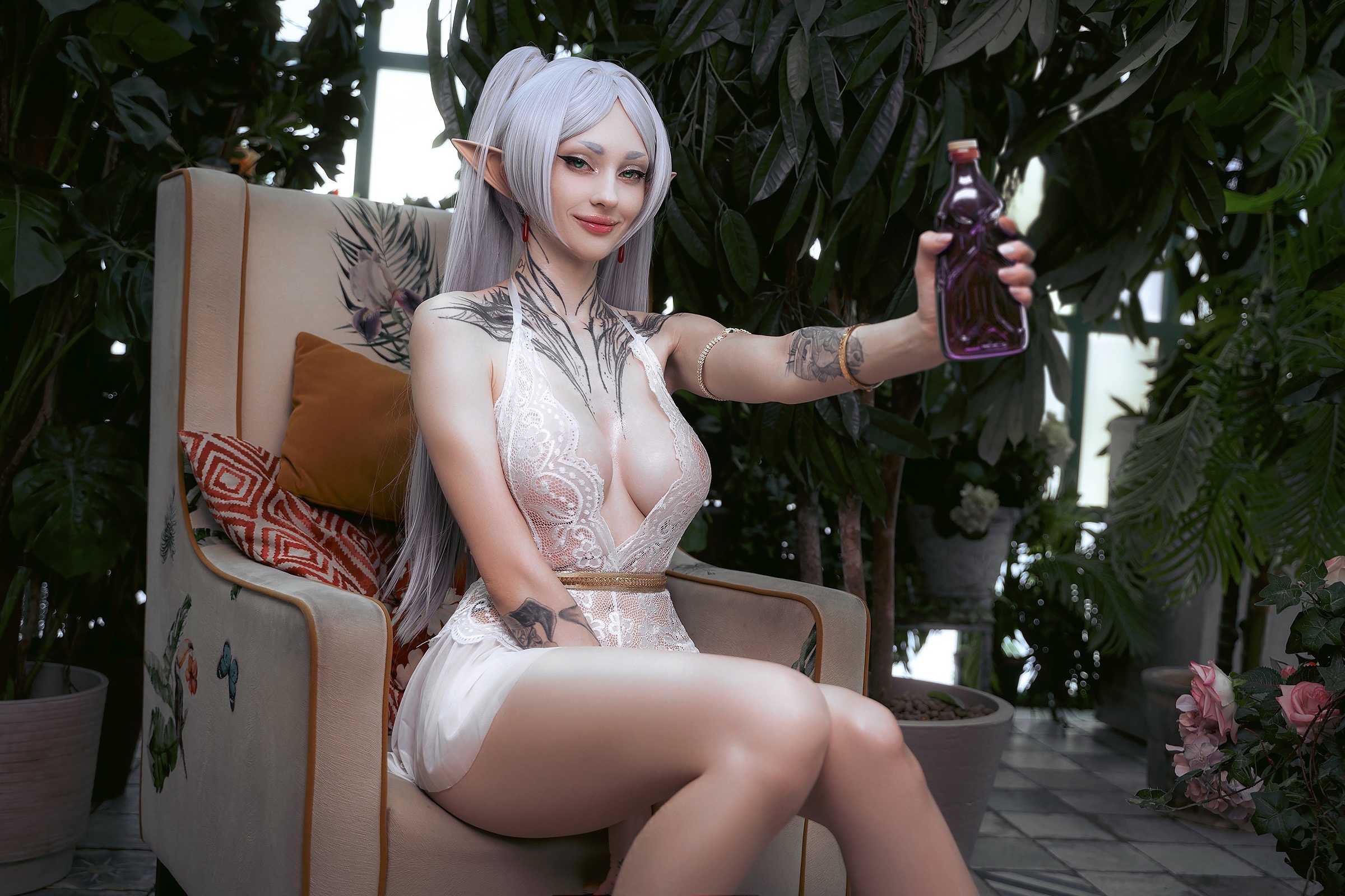 People 2400x1600 Alin Ma Frieren Sousou No Frieren elves anime tattoo white hair green eyes cosplay women white clothing plants looking at viewer neckline armchair smiling women indoors thighs sitting flowers rose legs lace model cleavage