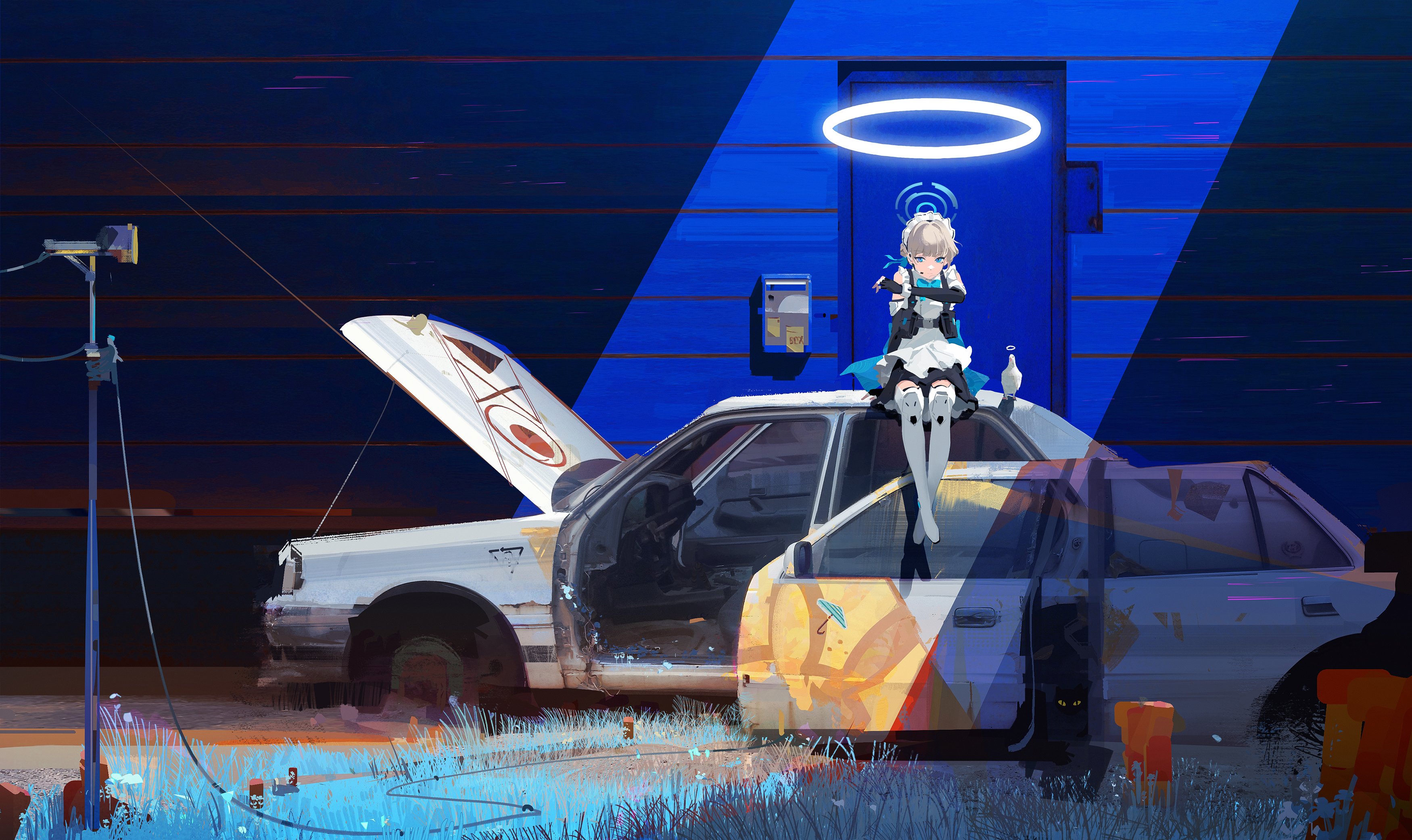 Anime 3500x2082 Ying Yi digital art artwork illustration maid vehicle car abstract anime anime girls birds animals cats sitting women Blue Archive women with cars side view Asuma Toki (Blue Archive) blonde blue eyes