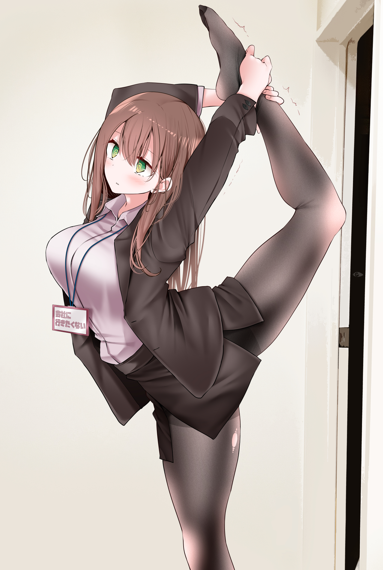 Anime 1277x1900 anime girls green eyes oouso portrait display standing on one leg legs blushing looking away simple background anime brunette hair between eyes Japanese parted lips holding leg(s) torn clothes torn pantyhose office girl standing pantyhose Pixiv