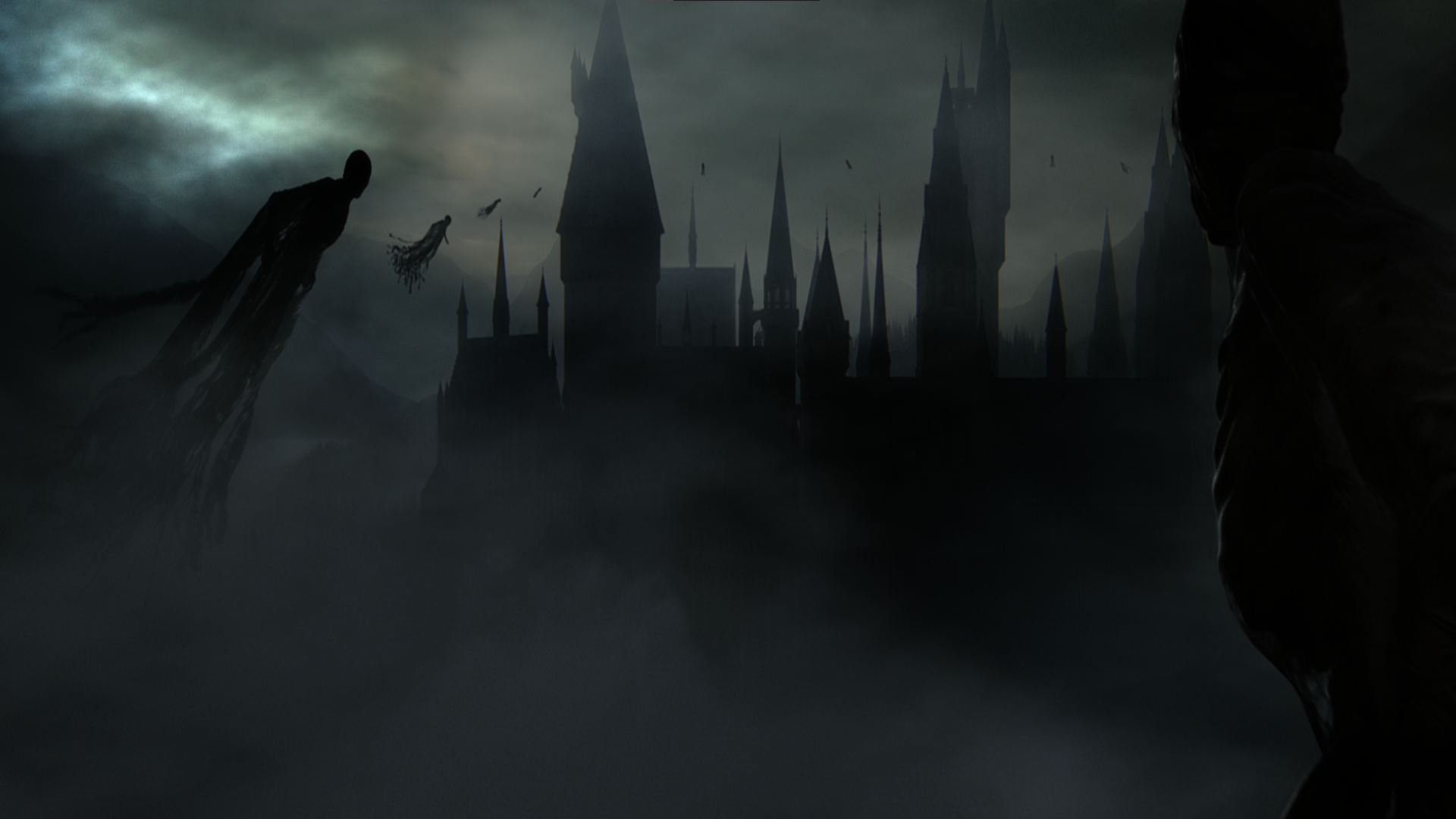 General 1920x1080 Dementors (Harry Potter) night eerie castle digital art low light Hogwarts creature mist floating sky silhouette