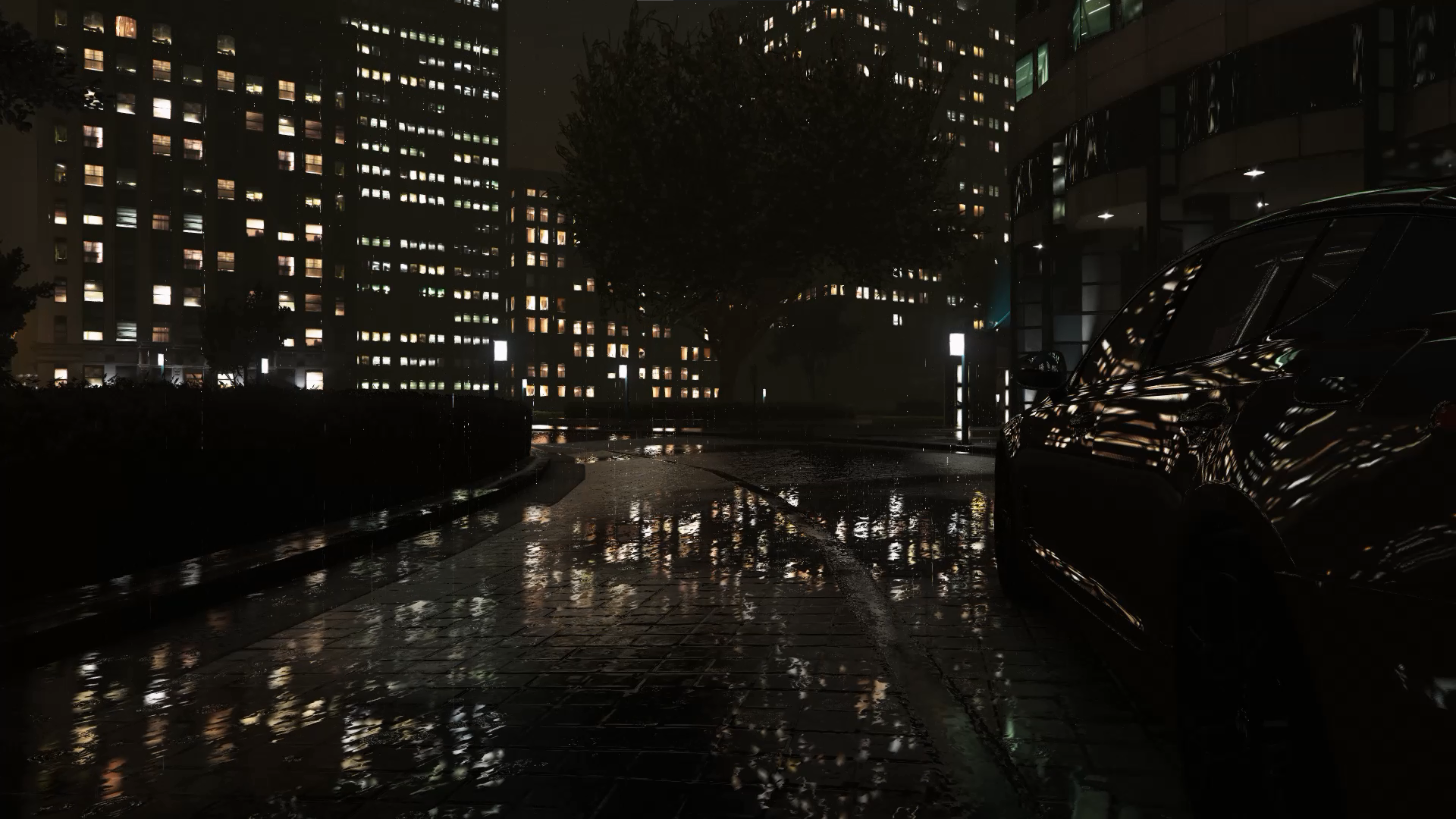 General 1920x1080 Grand Theft Auto V night rain car city building apartments Grand Theft Auto vehicle video game art lights city lights CGI