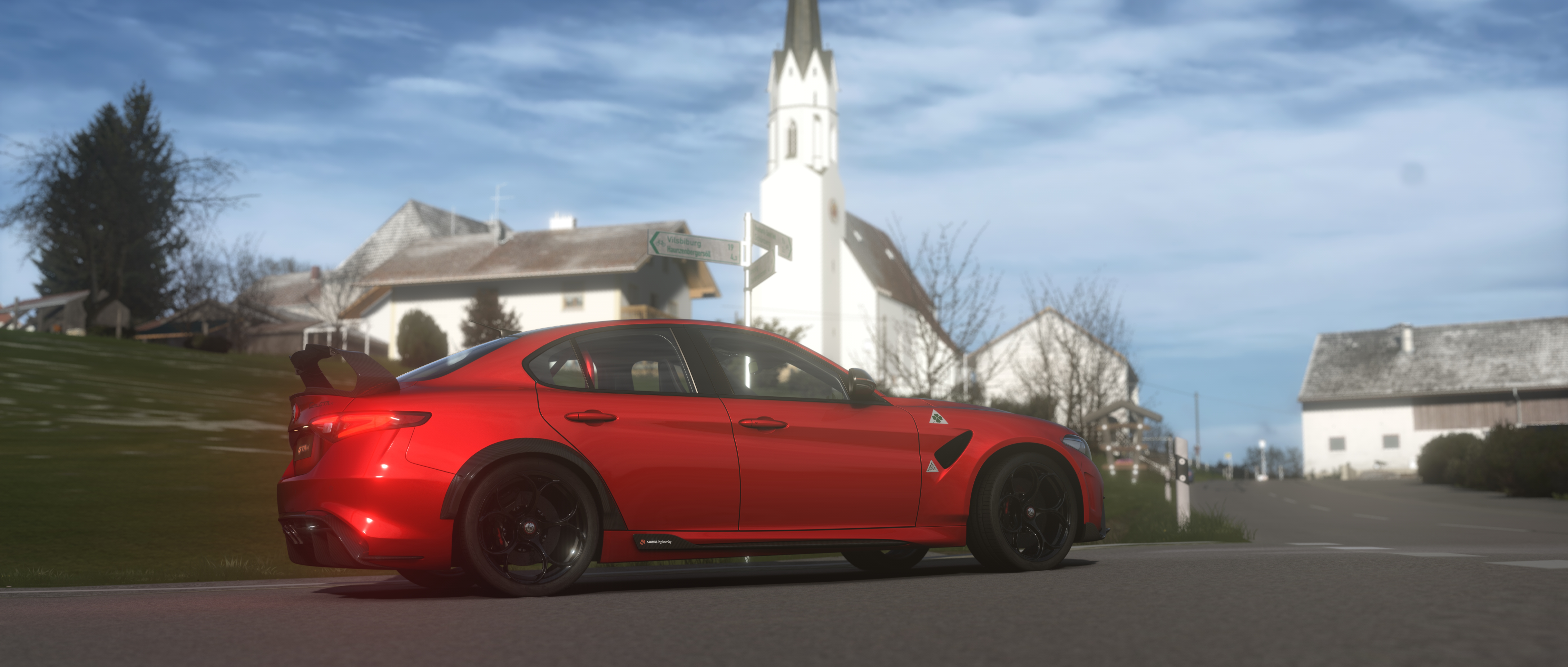 General 7680x3269 Alfa Romeo car Assetto Corsa PC gaming video game art vehicle video games side view red cars taillights sky clouds CGI building trees sign