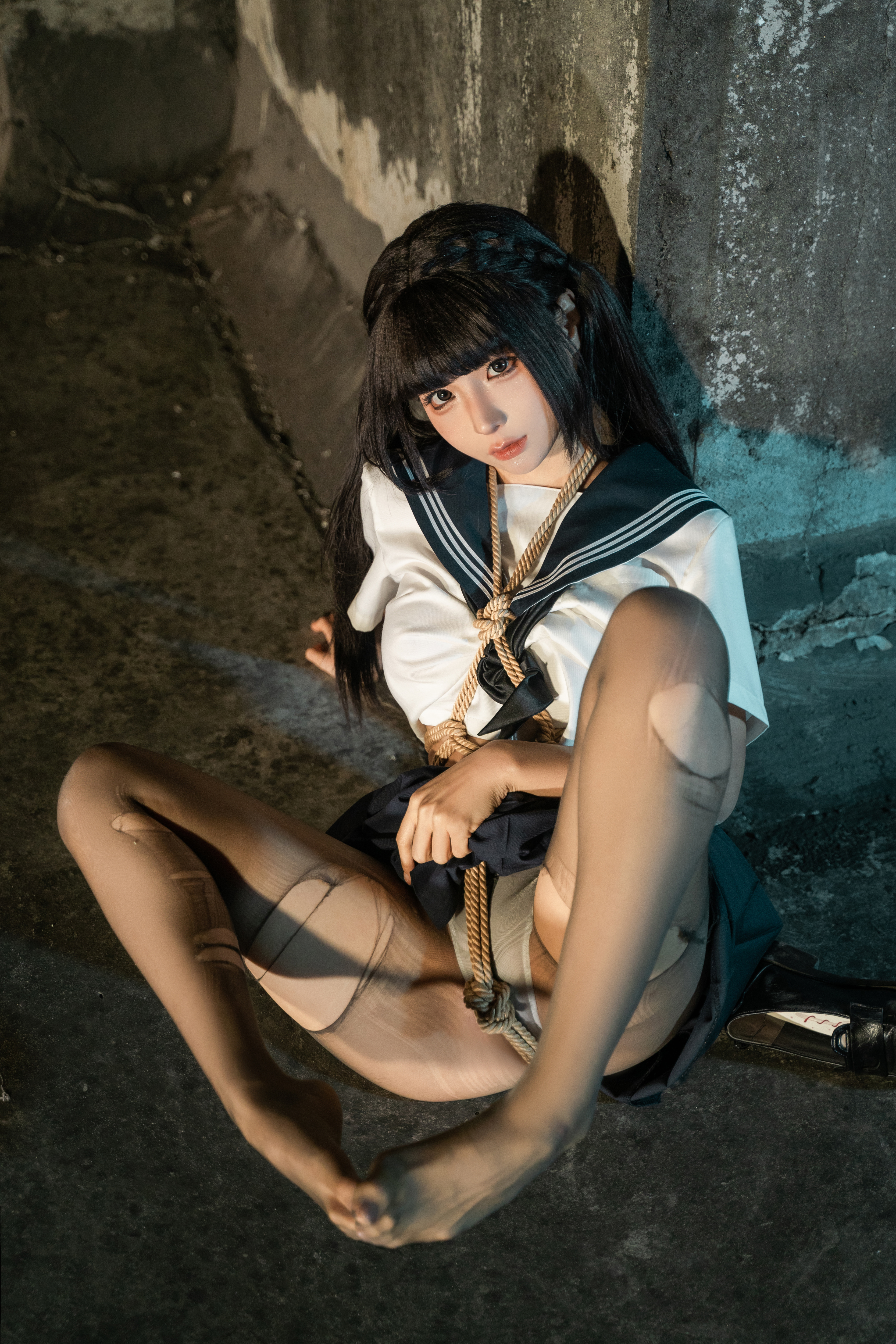 People 3333x5000 women Asian twintails portrait display model Chun Momo looking at viewer cosplay bent legs spread legs closed mouth bangs schoolgirl school uniform torn pantyhose pantyhose blunt bangs panties panties under pantyhose sailor uniform black hair dark eyes depth of field pointed toes torn clothes short sleeves on the ground ground barefoot
