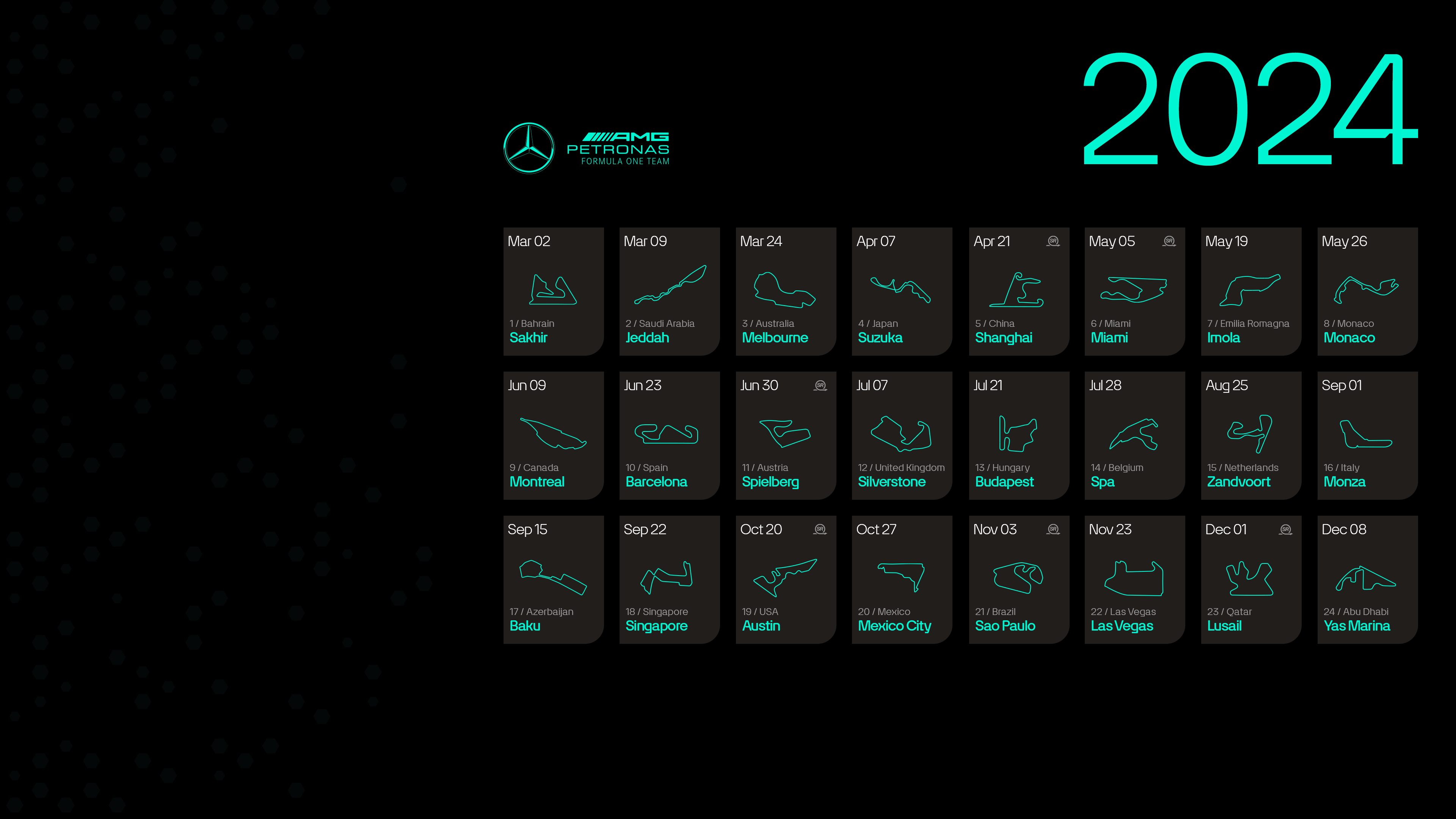 General 3840x2160 Mercedes F1 map Formula 1 calendar simple background logo digital art 2024 (year) black background month numbers