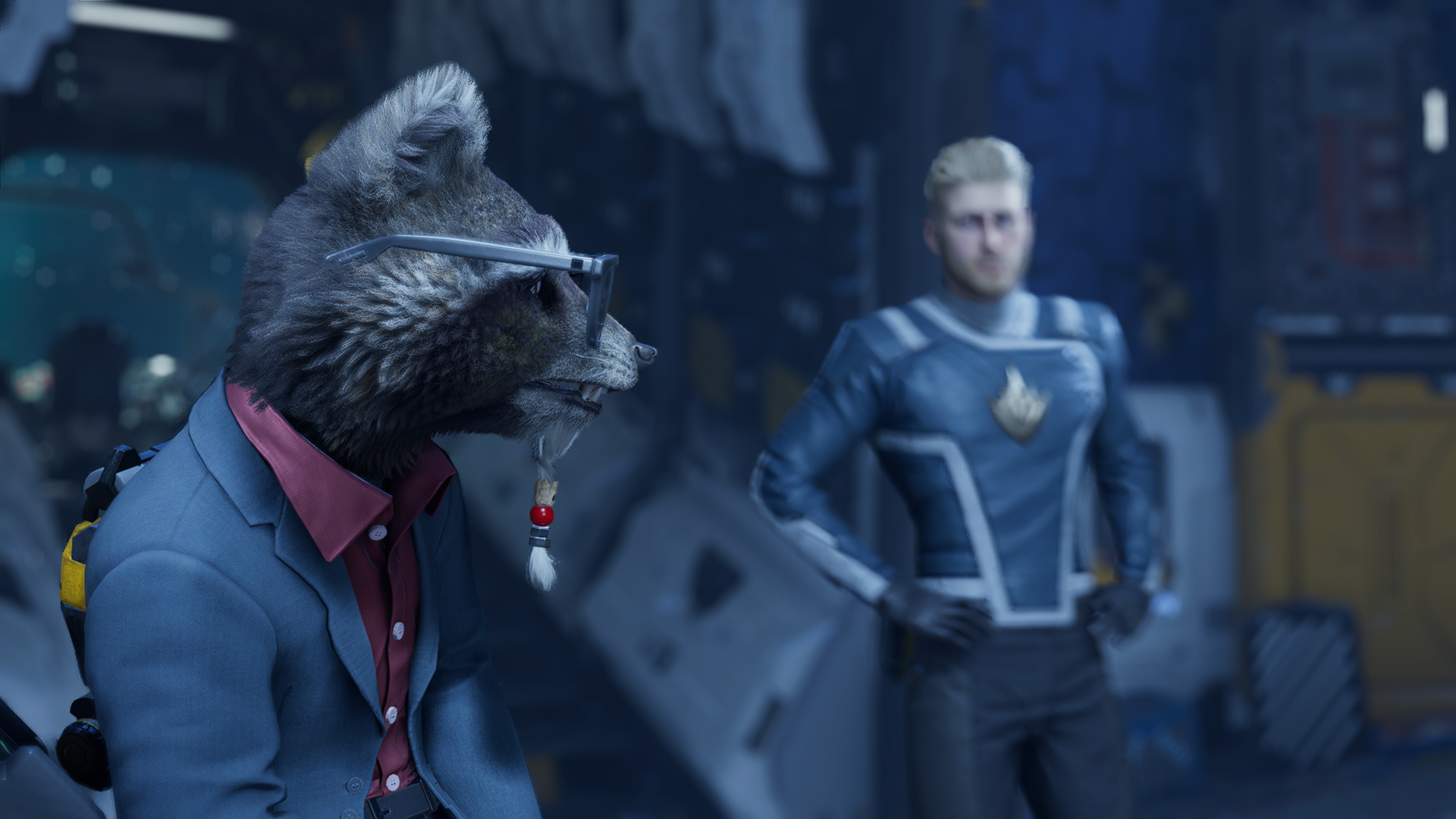General 1920x1080 Guardians of the Galaxy (Game) Milano (spacecraft) raccoons suits sunglasses Rocket Raccoon Star-Lord CGI screen shot side view digital art video games video game characters video game art glasses blurred blurry background depth of field