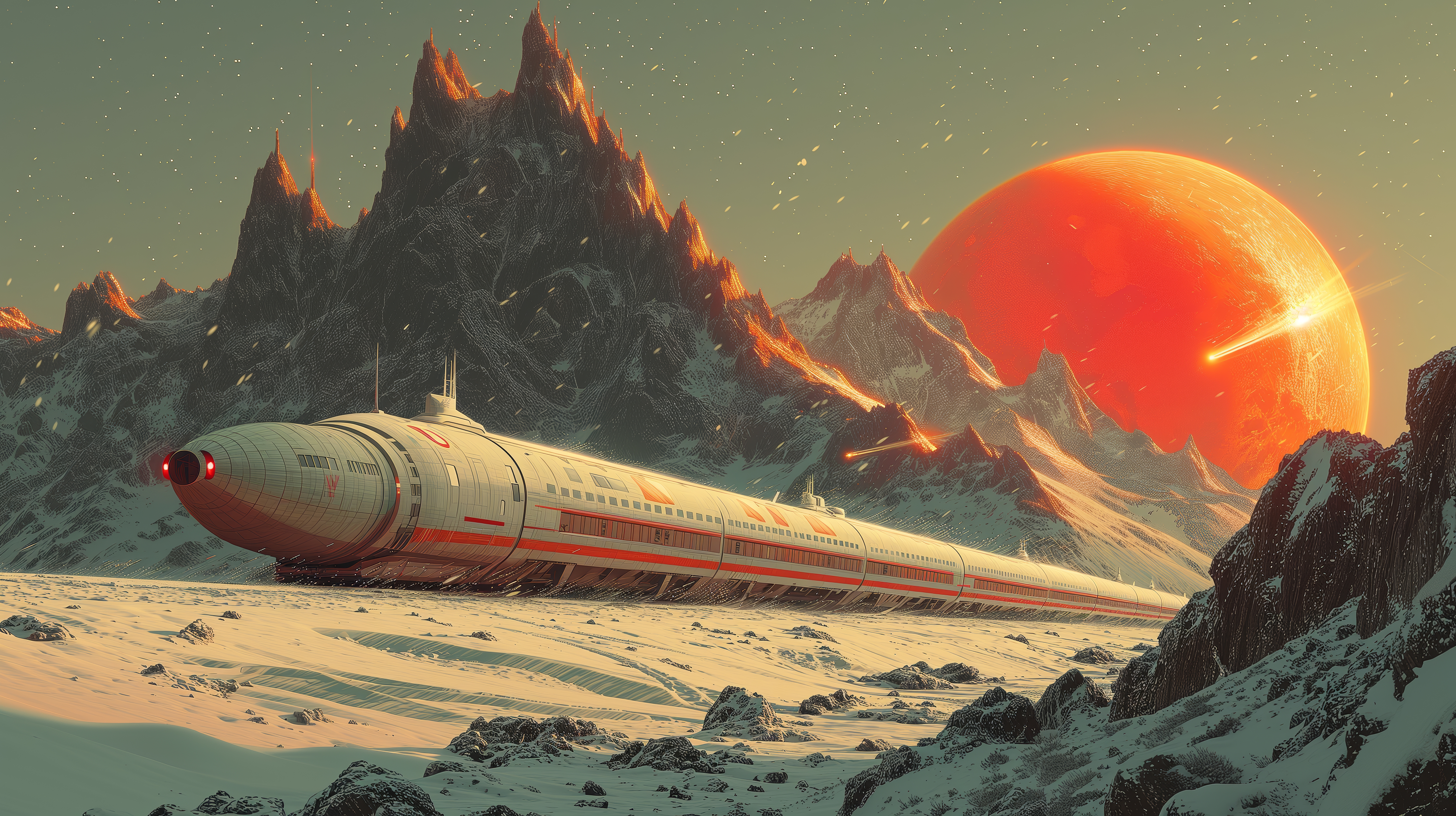 General 5824x3264 AI art science fiction illustration Moon train mountains planet snow sky vehicle natural light snow covered