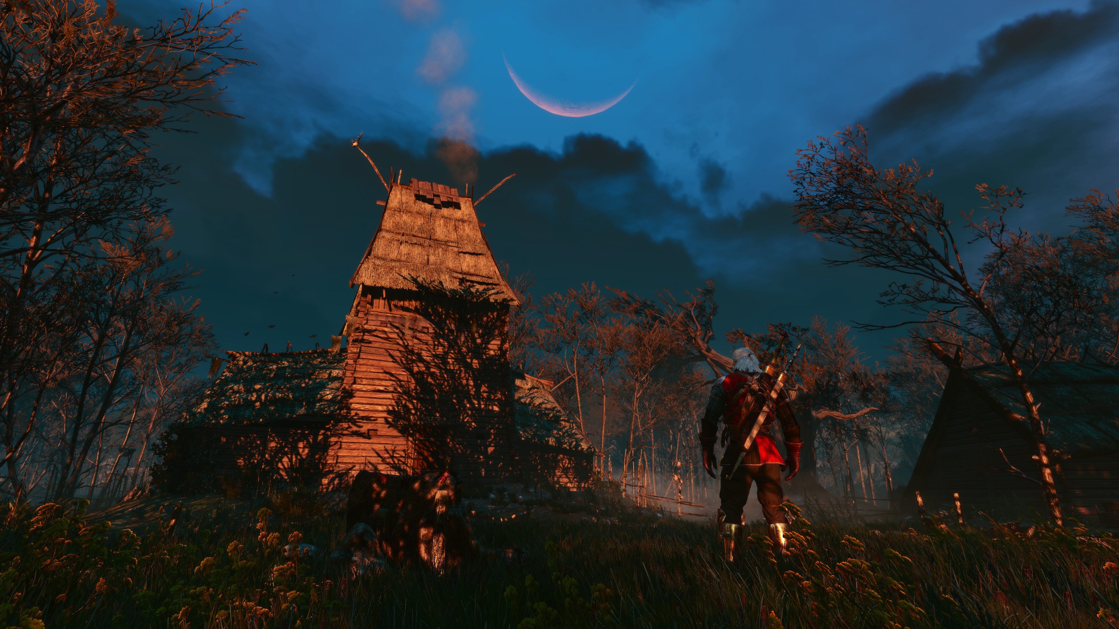 General 3840x2160 The Witcher 3: Wild Hunt screen shot PC gaming evening video games video game art standing video game men clouds video game characters CGI sword men with swords sky trees white hair