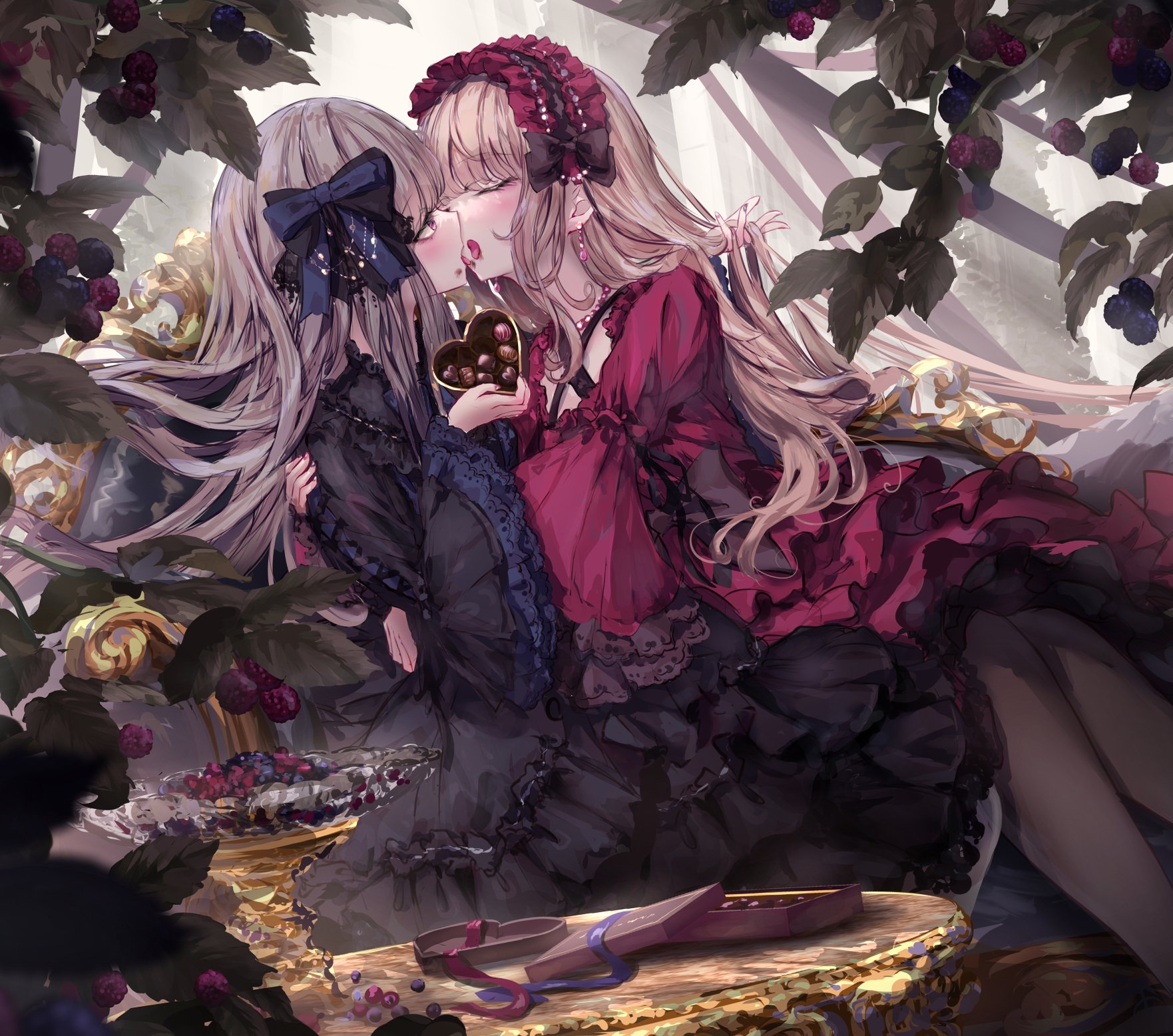 Anime 1762x1556 yuri anime kissing lesbians missile228 anime girls long hair lolita fashion leaves original characters frills wide sleeves long sleeves closed eyes tongue out hair ornament hair bows natural light sunlight blonde fruit dress chocolate heart (design) earring hand(s) in hair sweets