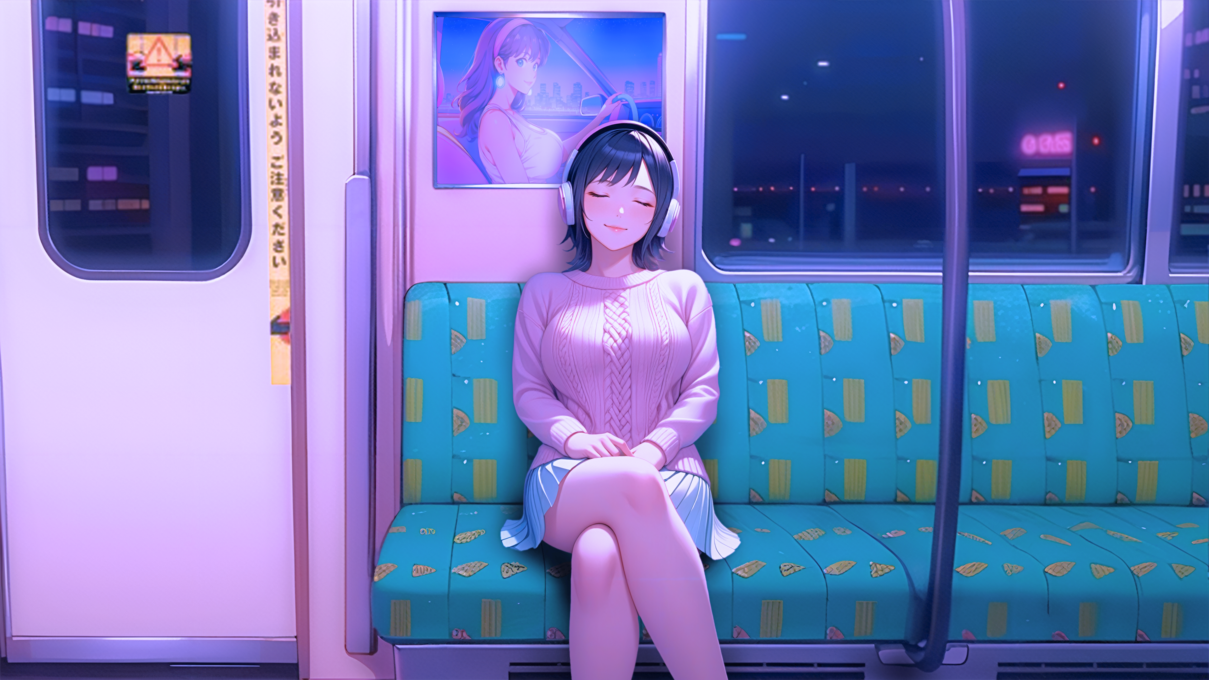 Anime 3840x2160 AI art anime girls subway neon headphones blue skirt legs crossed closed eyes vehicle interiors smiling pink sweater relaxing closed mouth short hair Japanese sweater sitting