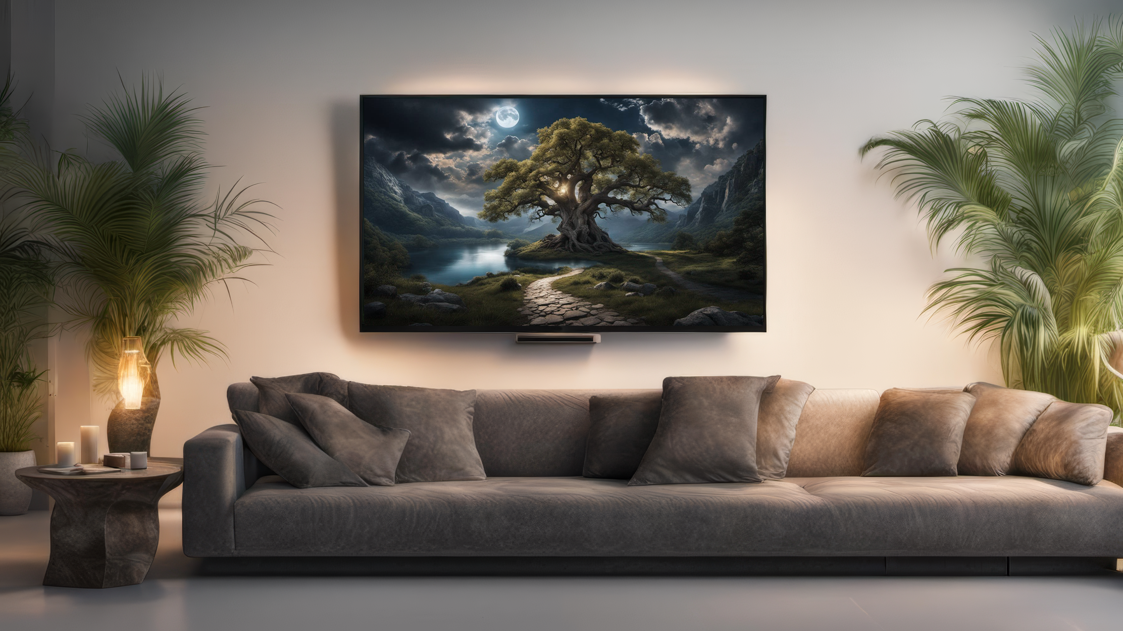General 3840x2160 AI art living rooms couch plants lamp soft shading interior painting clouds sky full moon moonlight water Moon trees reflection