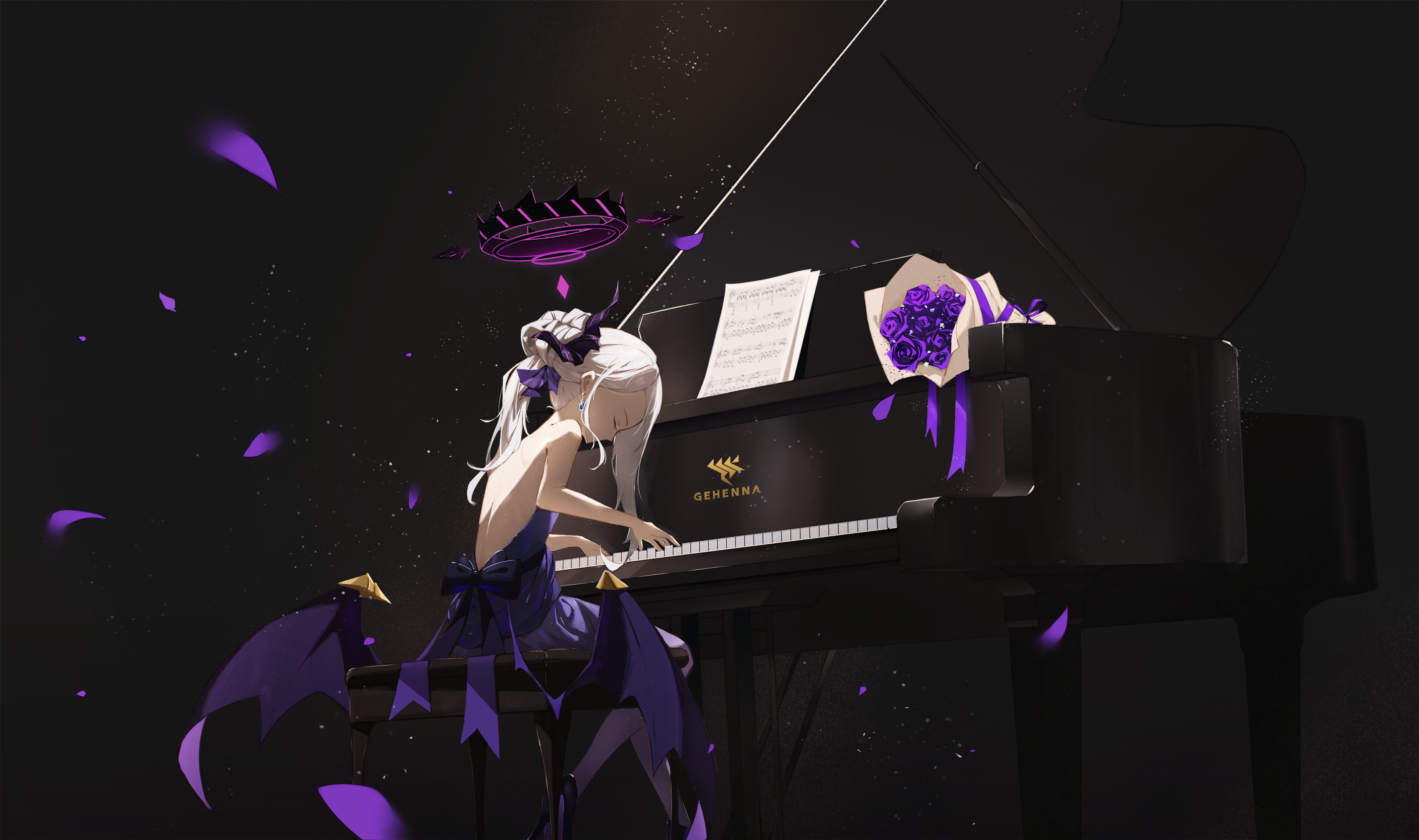 Anime 3700x2191 Sorasaki Hina (Blue Archive) dress demon horns purple flowers Blue Archive long hair white hair anime girl with wings piano musical instrument anime girls purple dress simple background petals wings musical notes paper sitting horns flowers closed eyes Gu0st