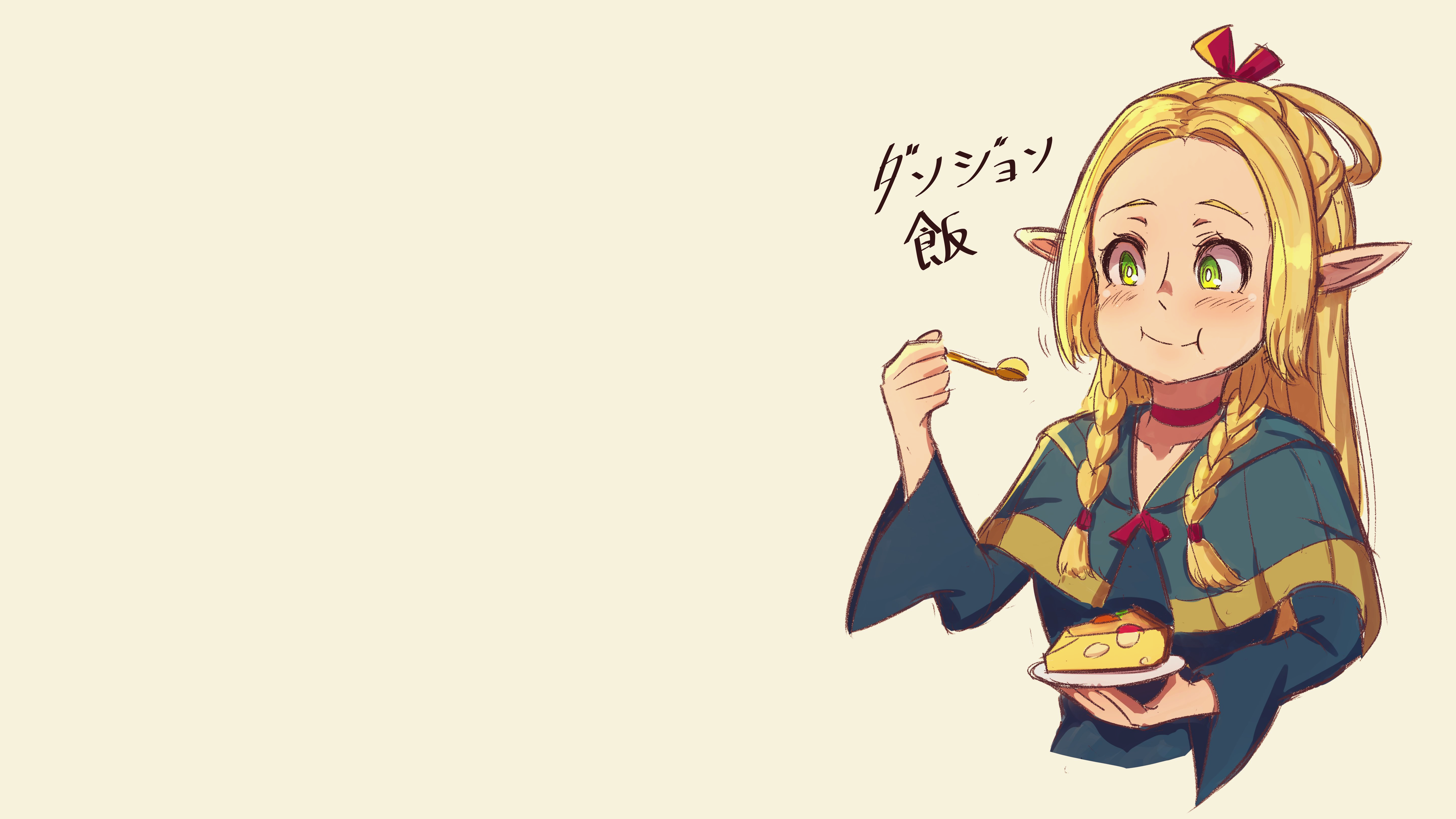 Anime 5760x3240 Delicious in Dungeon Marcille Donato bangs blonde green eyes braids elves elven pointy ears red ribbon ribbon long hair blue robe robes eating anime girls eating spoon cape text simple background choker blushing long sleeves sketches Japanese closed mouth collarbone madabauillust