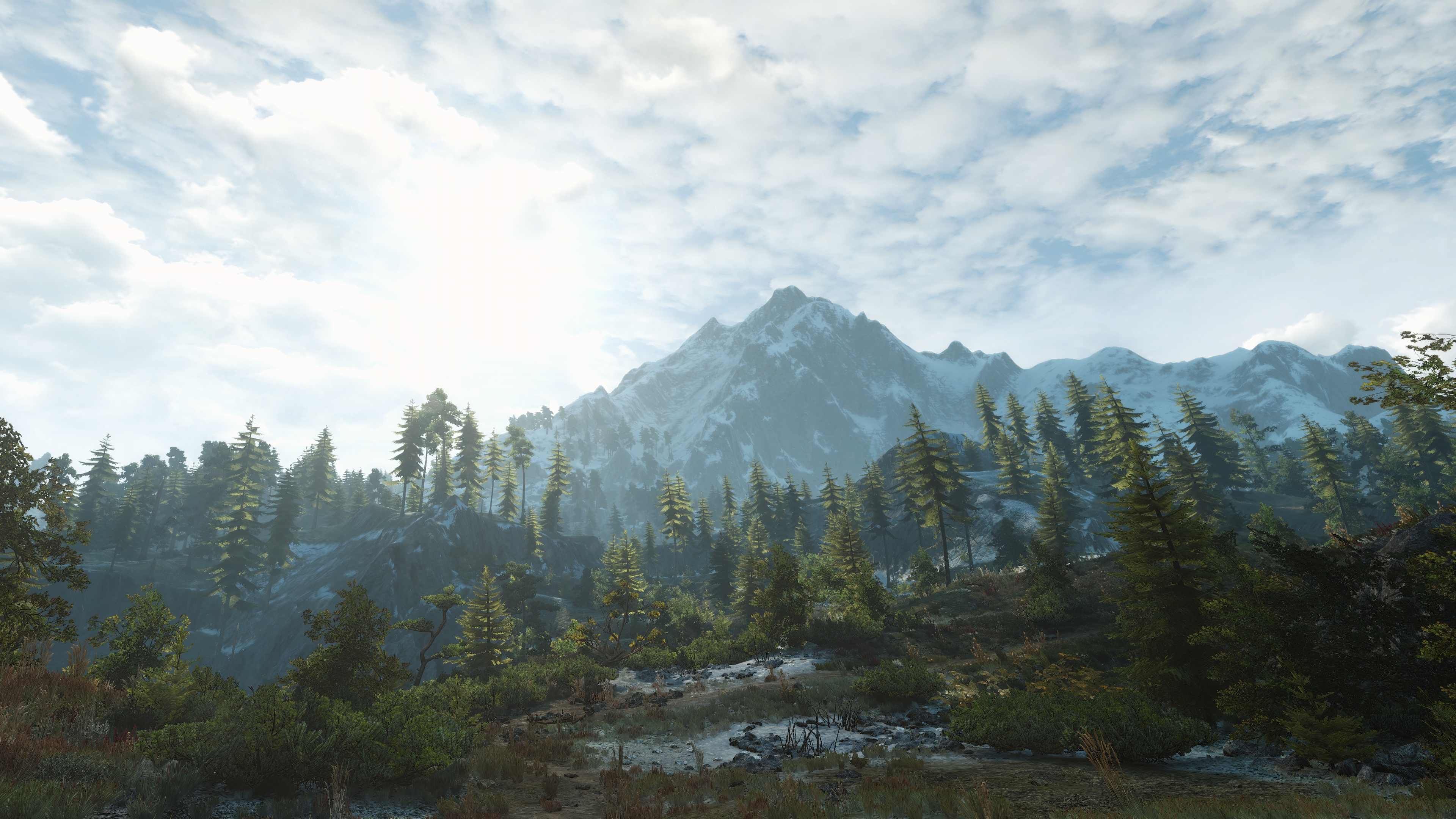 General 3840x2160 The Witcher 3: Wild Hunt screen shot PC gaming Skellige mountains video game art clouds video games trees nature sky CGI sunlight snowy mountain
