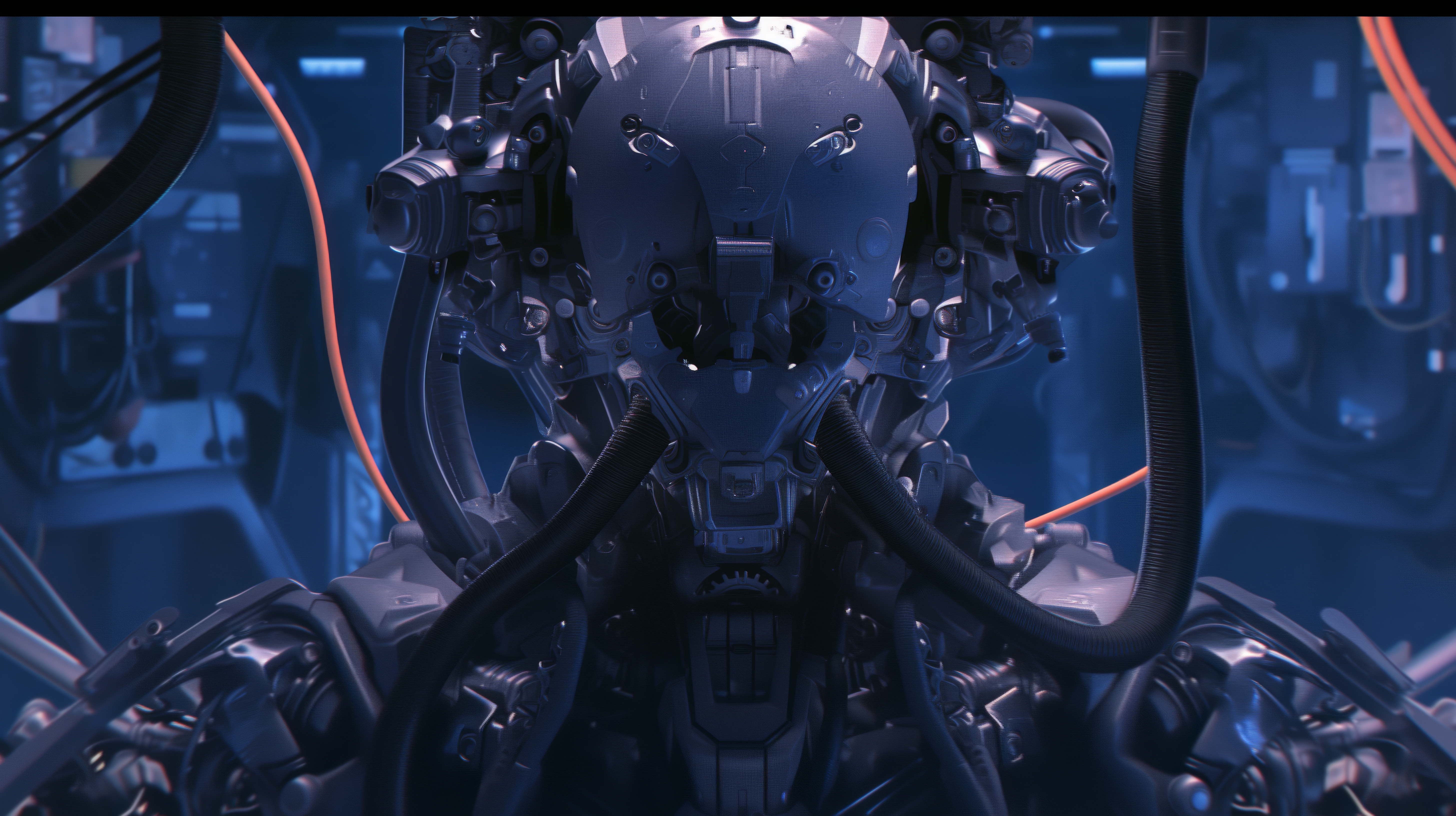General 5824x3264 AI art robot futuristic science fiction high tech cyberpunk technology cables closeup