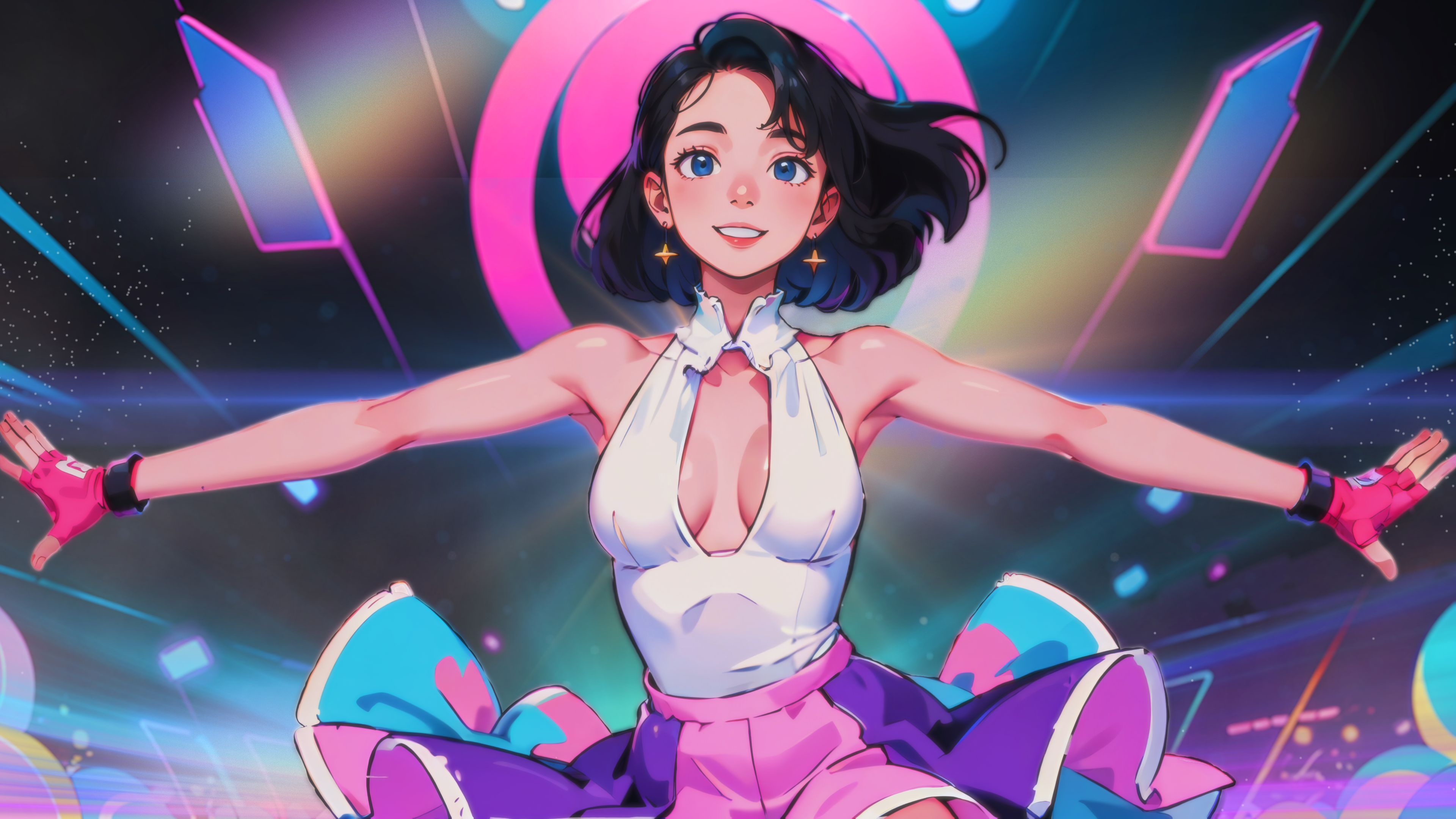 Anime 3840x2160 AI art anime girls neon dancer disco looking at viewer smiling collarbone cleavage bare shoulders long hair black hair blue eyes gloves fingerless gloves open arms armpits earring frontal view parted lips short hair