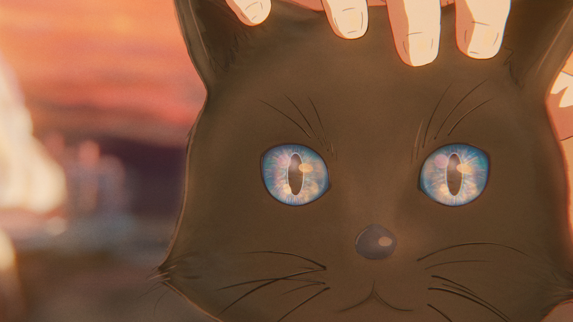 Anime 1920x1080 digital art sunset glow sunset anime cats eyes glowing fur whiskers animals closeup