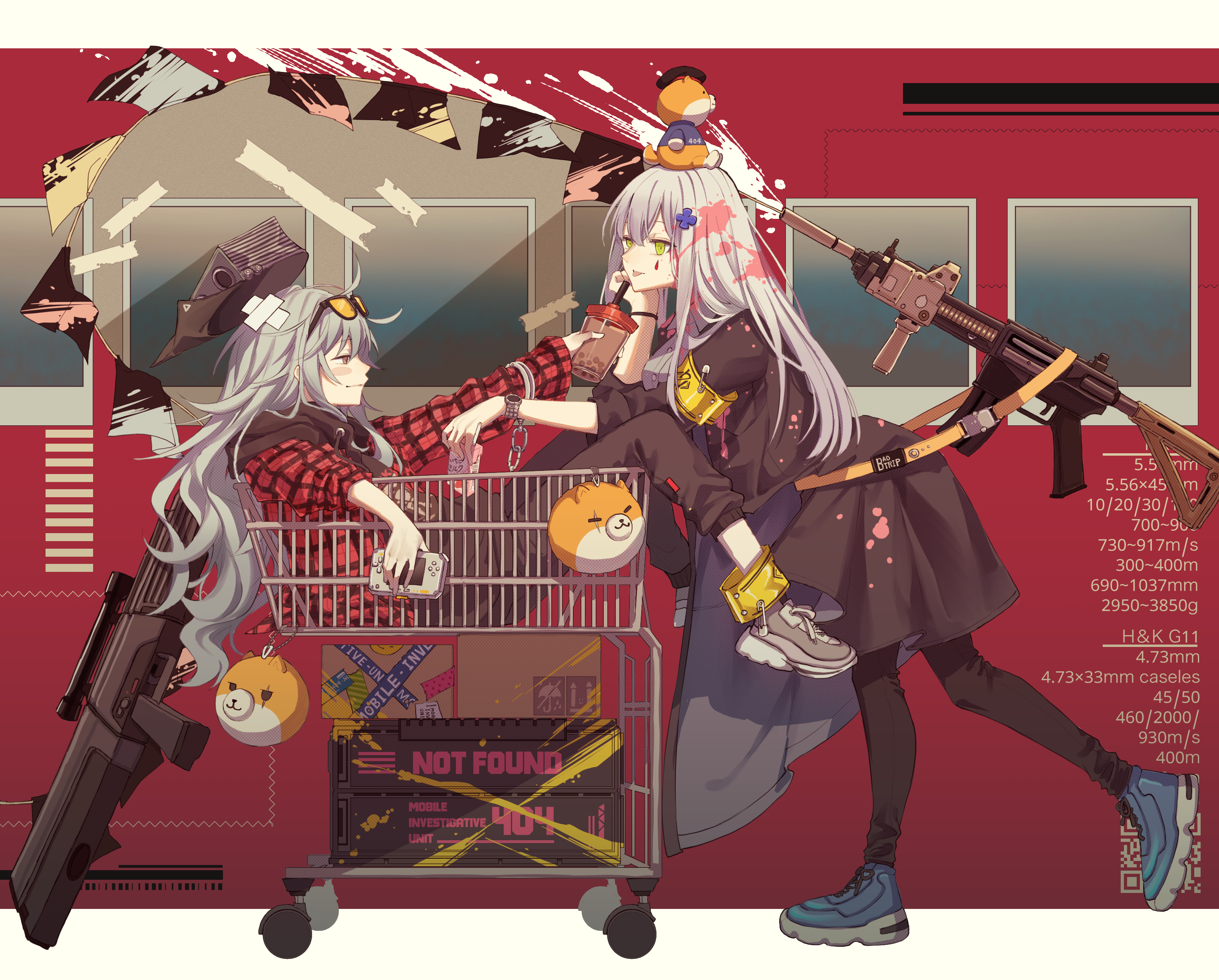Anime 3051x2454 anime girls anime drink long hair brown eyes Pixiv sunglasses rabb horn G11 (Girls Frontline) gun girls with guns smiling HK416 (Girls Frontline) Girls Frontline walking shopping cart weapon wristwatch red jackets tongue out tongues rolled sleeves long sleeves closed mouth numbers Handheld console consoles jacket band-aid cup plaid hair between eyes hair clip armband