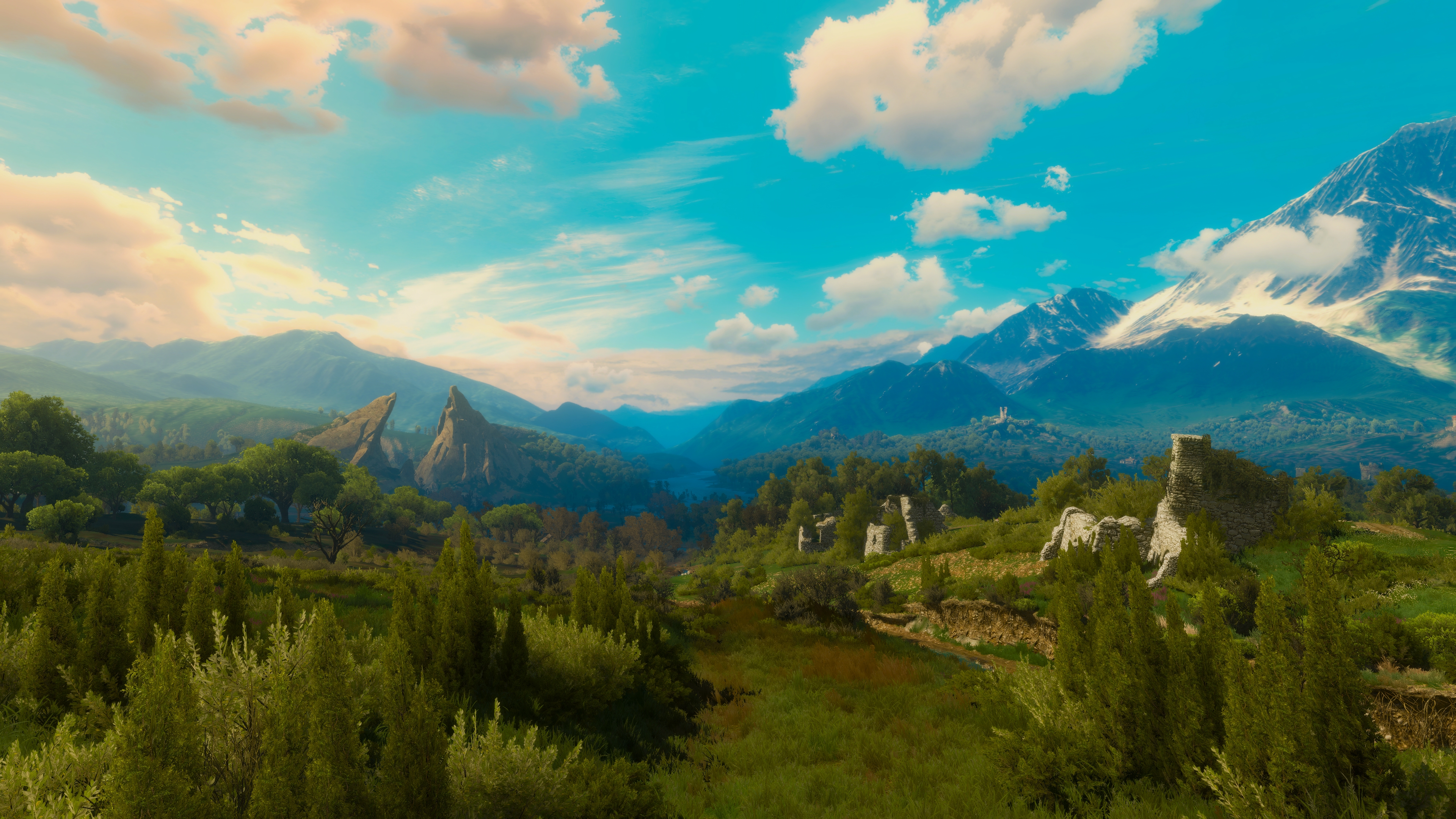 General 3840x2160 The Witcher 3: Wild Hunt screen shot PC gaming tussent landscape The Witcher video games video game art sunlight clouds sky trees mountains CGI