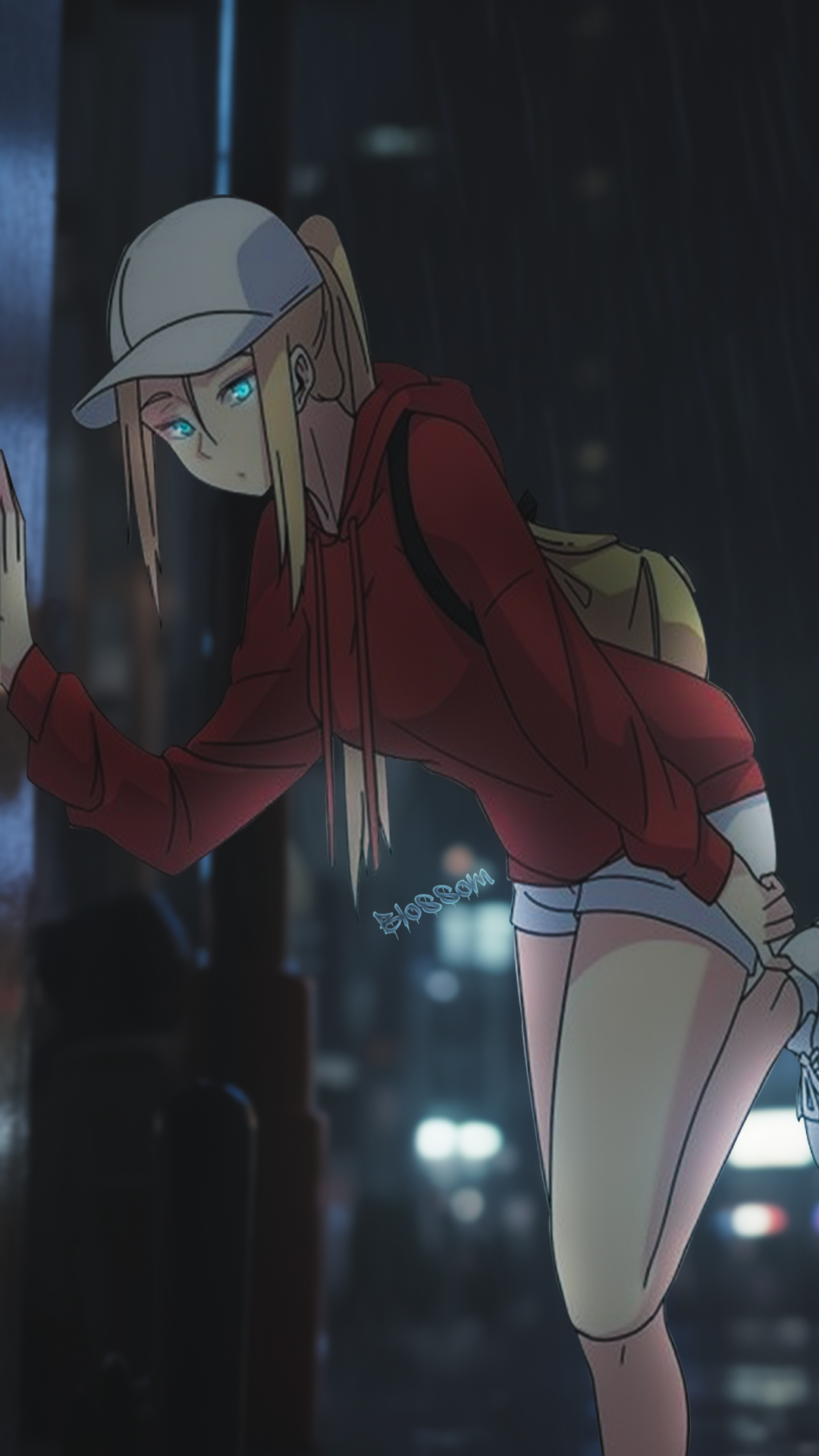 Anime 1080x1920 anime anime girls manga Japan street portrait display hat women with hats hair between eyes blonde leaning jean shorts backpacks red jackets jacket long sleeves standing city lights blue eyes ponytail legs
