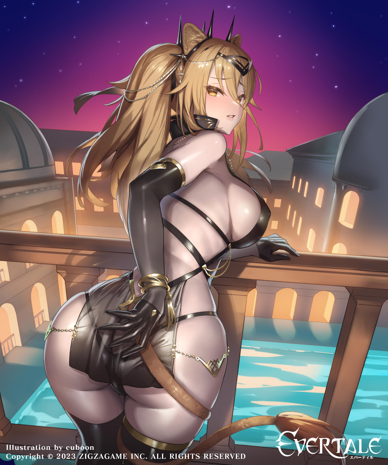 Anime 1250x1500 Evertale looking at viewer portrait display bent over looking back big boobs Gilgamesh (Evertale) ass elbow gloves black gloves parted lips watermarked cuboon women outdoors black thigh highs thighs skimpy clothes balcony starry night starred sky animal ears stockings see-through clothing sky night tail water hair between eyes anime anime girls