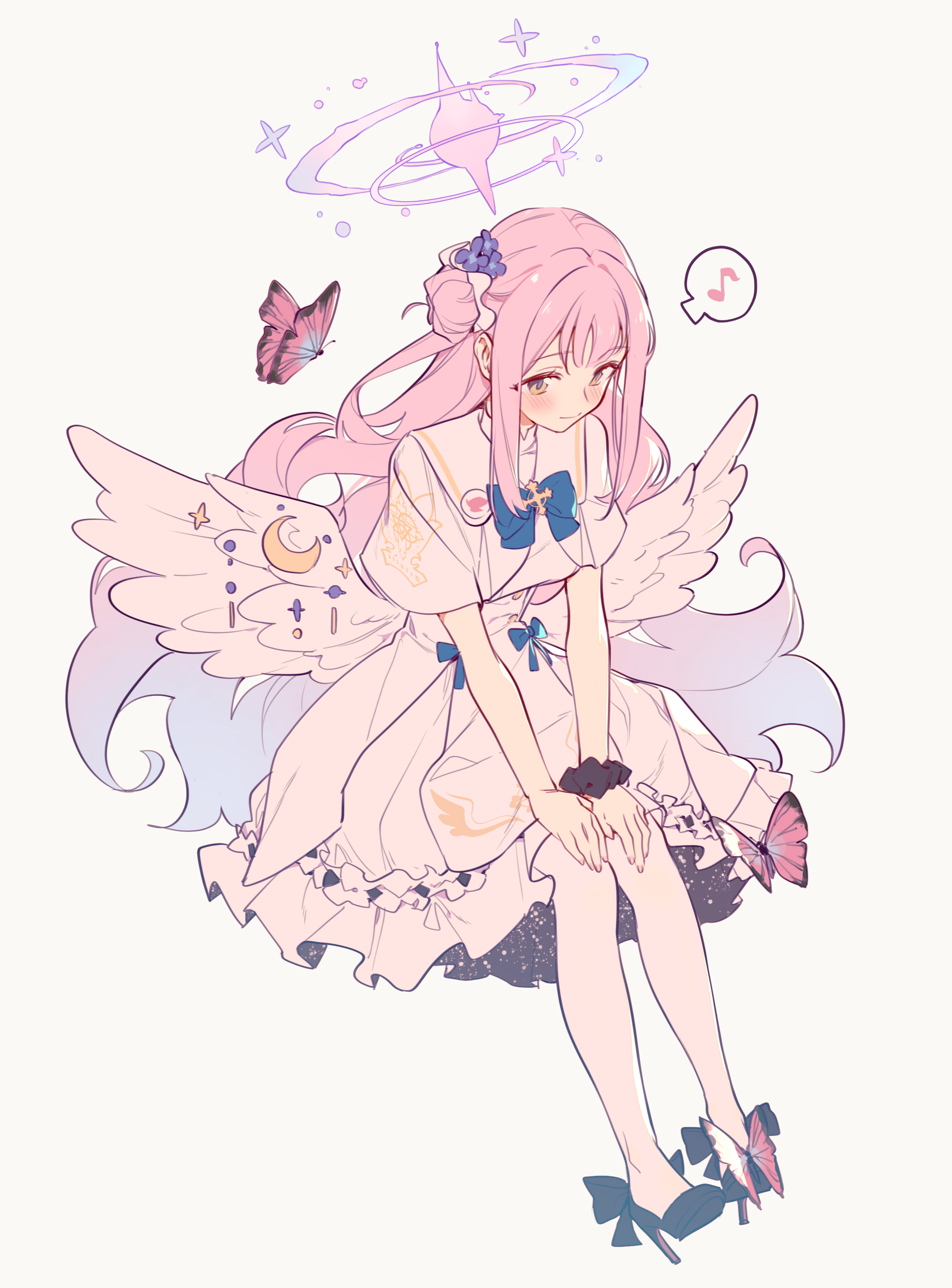 Anime 2224x3008 Blue Archive anime girls anime simple background white background wings Misono Mika long hair pink hair yellow eyes hands on knees frills musical notes butterfly insect ornamented capelet closed mouth blushing heels dress portrait display bent legs