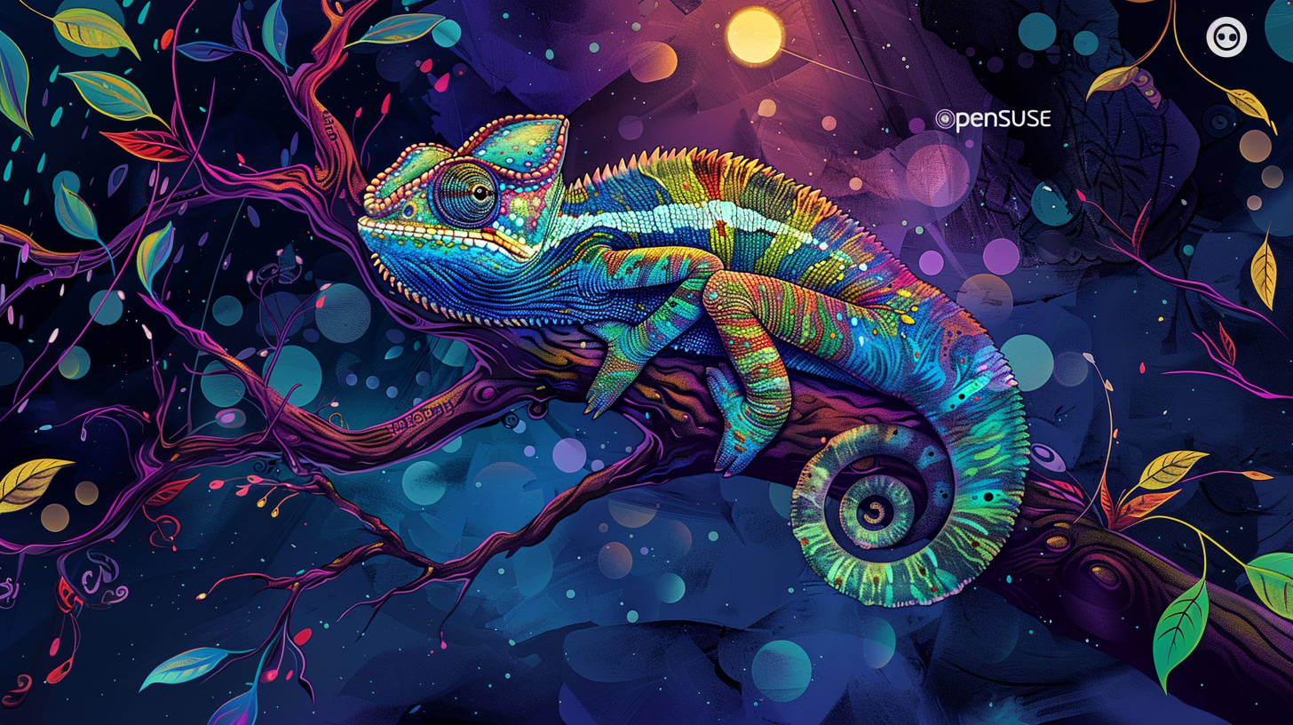 General 1456x816 openSUSE Linux chameleons branch colorful psychedelic blue purple background AI art