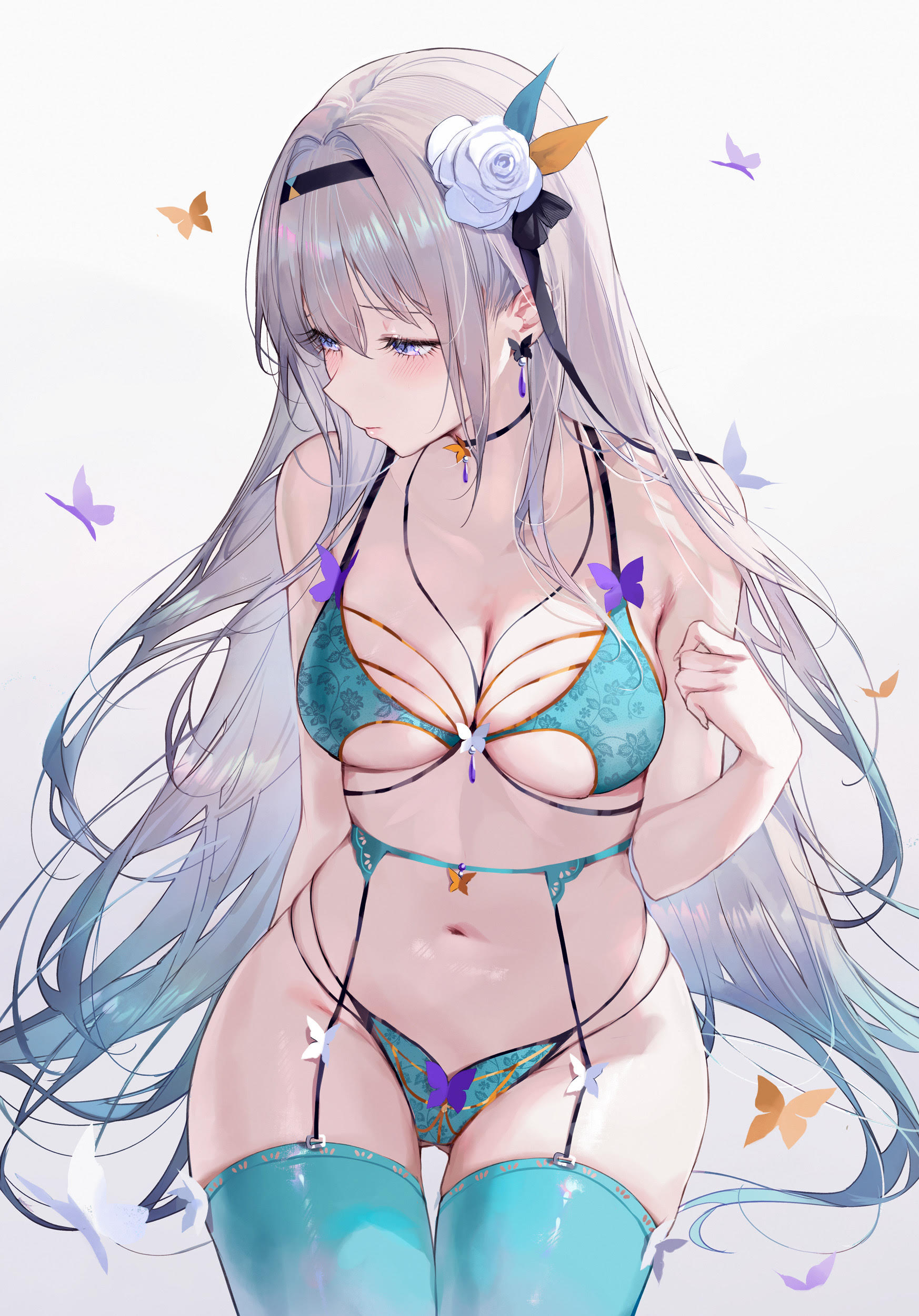 Anime 1746x2500 Honkai: Star Rail long hair portrait display butterfly Firefly (Honkai: Star Rail) big boobs bare shoulders simple background choker green panties underwear Green Underwear panties garter belt hair ornament green stockings cleavage thigh strap long earrings green bra clothing cutout blue eyes closed mouth Qiandaiyiyu flower in hair hair ribbon looking away multi-colored hair thighs one arm up belly button anime girls stockings