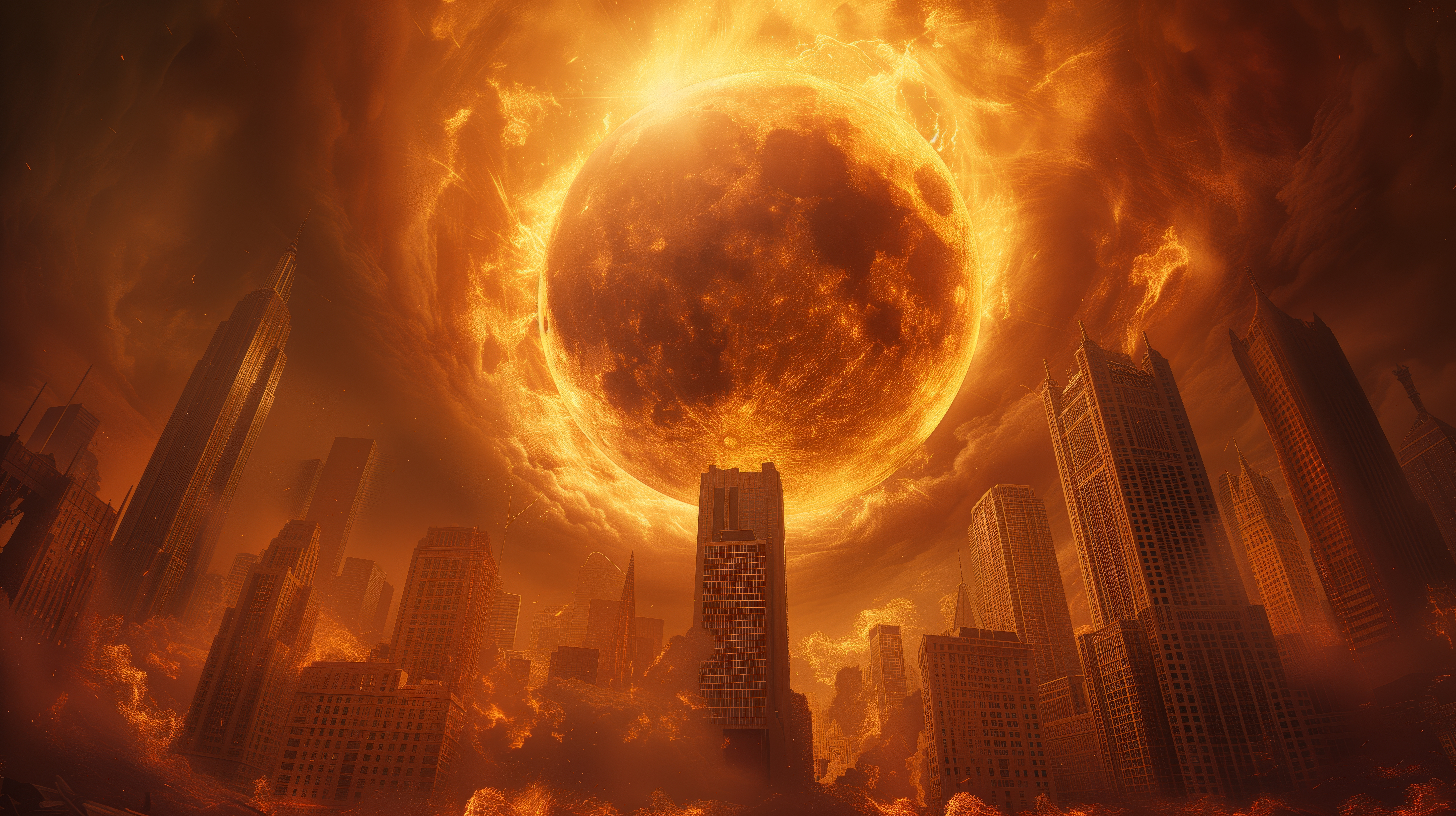 General 5824x3264 AI art illustration fireballs apocalyptic city sky fire orb building red skyscraper
