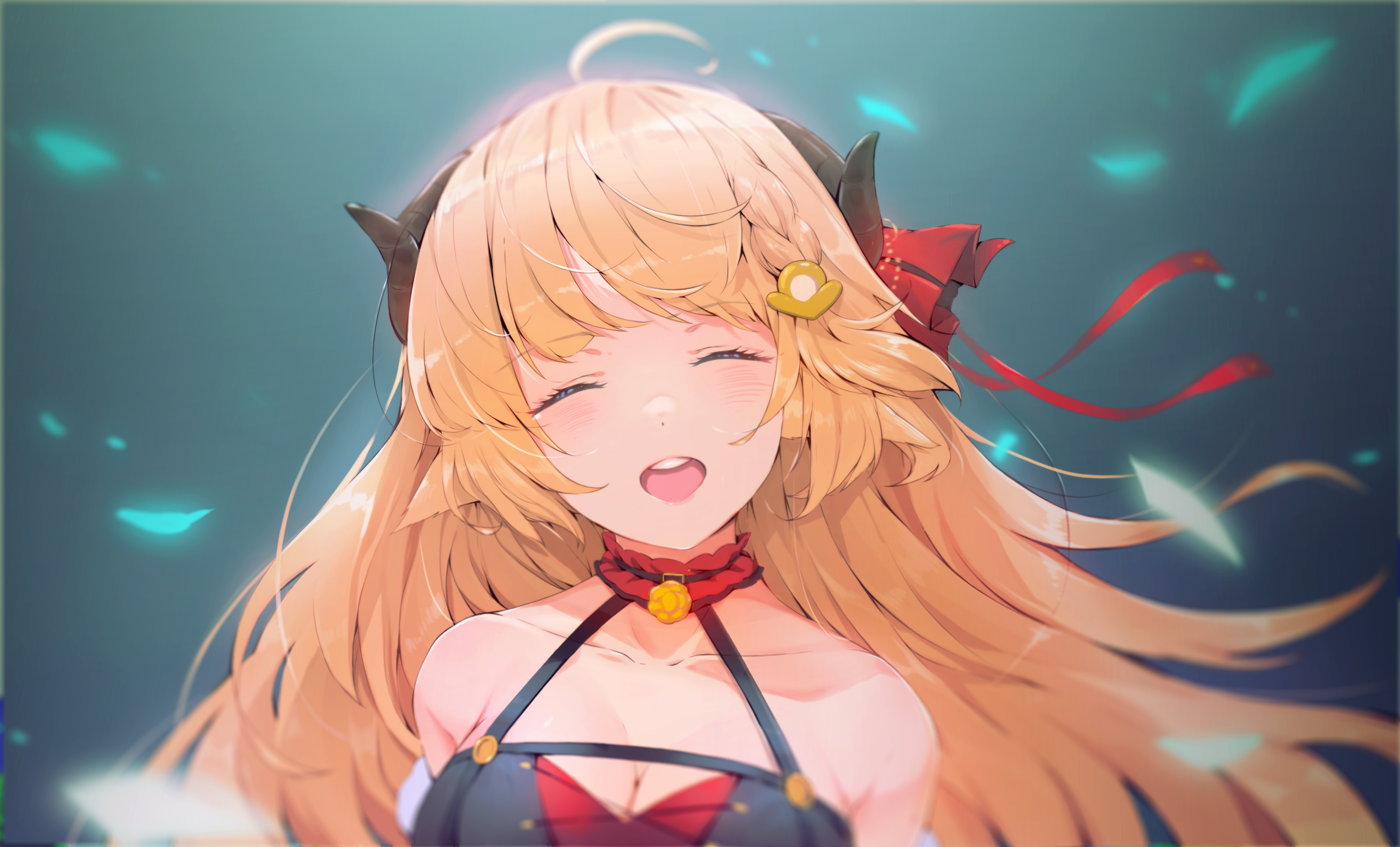 Anime 3234x1956 anime anime girls Andychen Hololive Tsunomaki Watame blonde long hair closed eyes simple background horns open mouth collarbone cleavage frontal view hair ornament ahoge Virtual Youtuber ribbon smiling