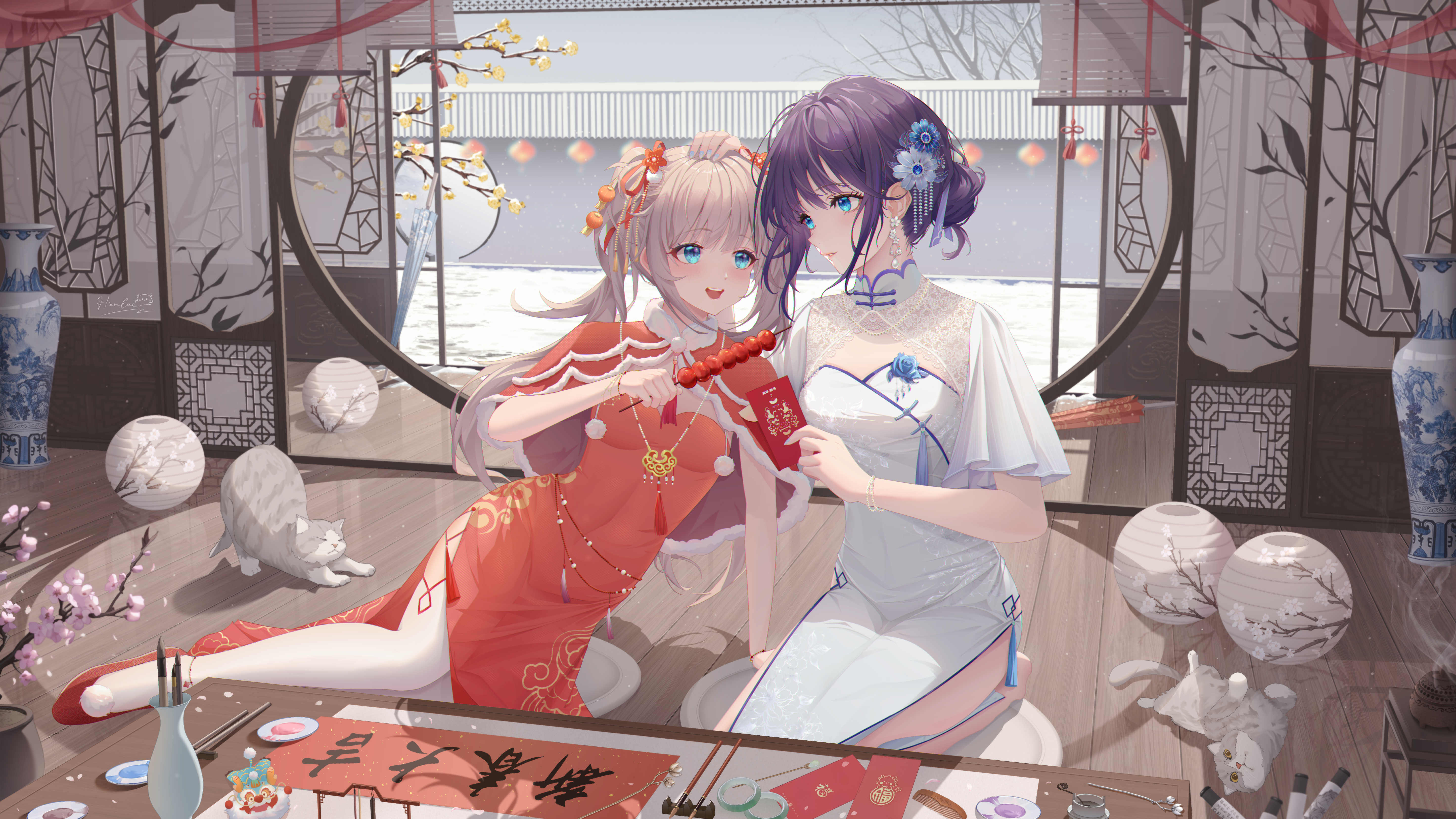 Anime 5760x3240 anime anime girls Pixiv hanluc kanji open mouth parted lips hair between eyes dress chinese clothing animals chinese dress slim body wooden floor branch women indoors short hair bracelets necklace tassels hair ornament hand(s) on head vases snow white thigh highs thigh-highs comb blue eyes umbrella