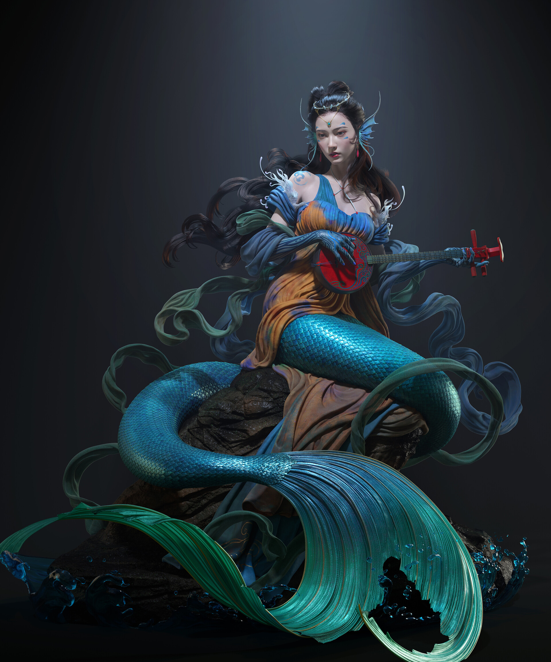 General 1920x2304 Qi Sheng Luo CGI mermaids lute fantasy art tail portrait display digital art simple background