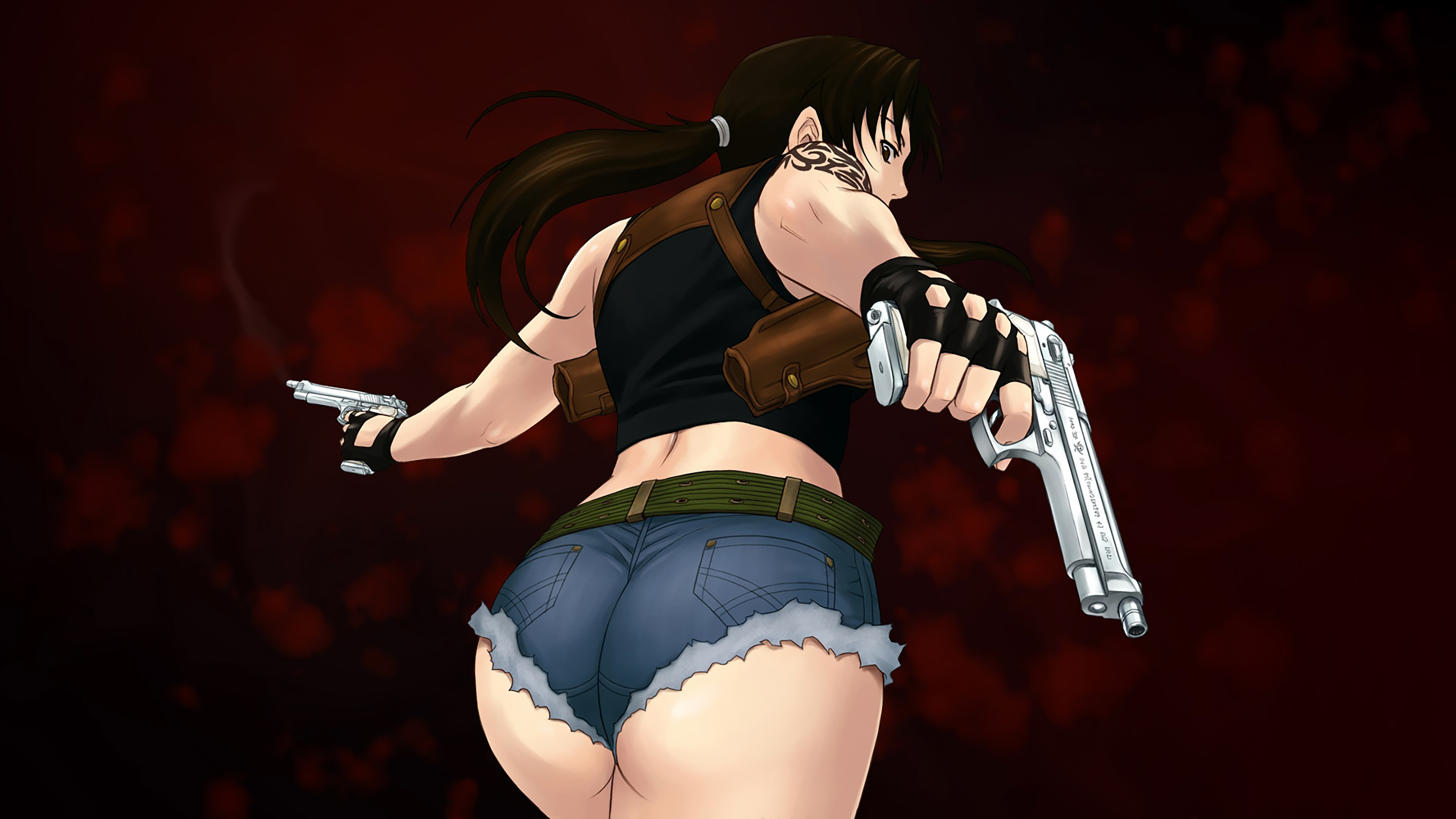 Anime 3840x2160 Revy Black Lagoon looking back gloves fingerless gloves ass booty shorts rear view looking at viewer gun belt simple background ponytail girls with guns minimalism tattoo anime girls dual wield