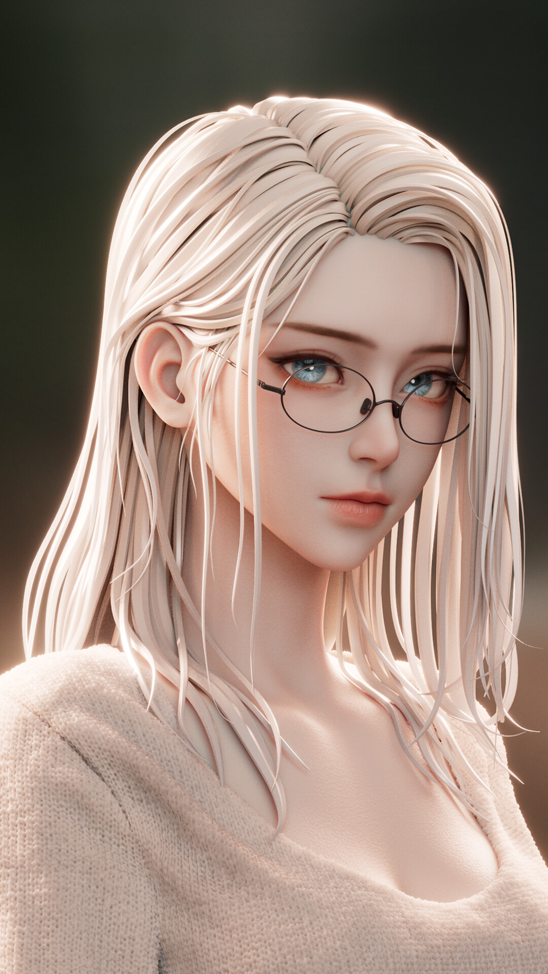 General 1080x1920 Zihao Zhou women blonde portrait CGI glasses women with glasses simple background face closed mouth long hair blue eyes looking at viewer Asian portrait display backlighting digital art
