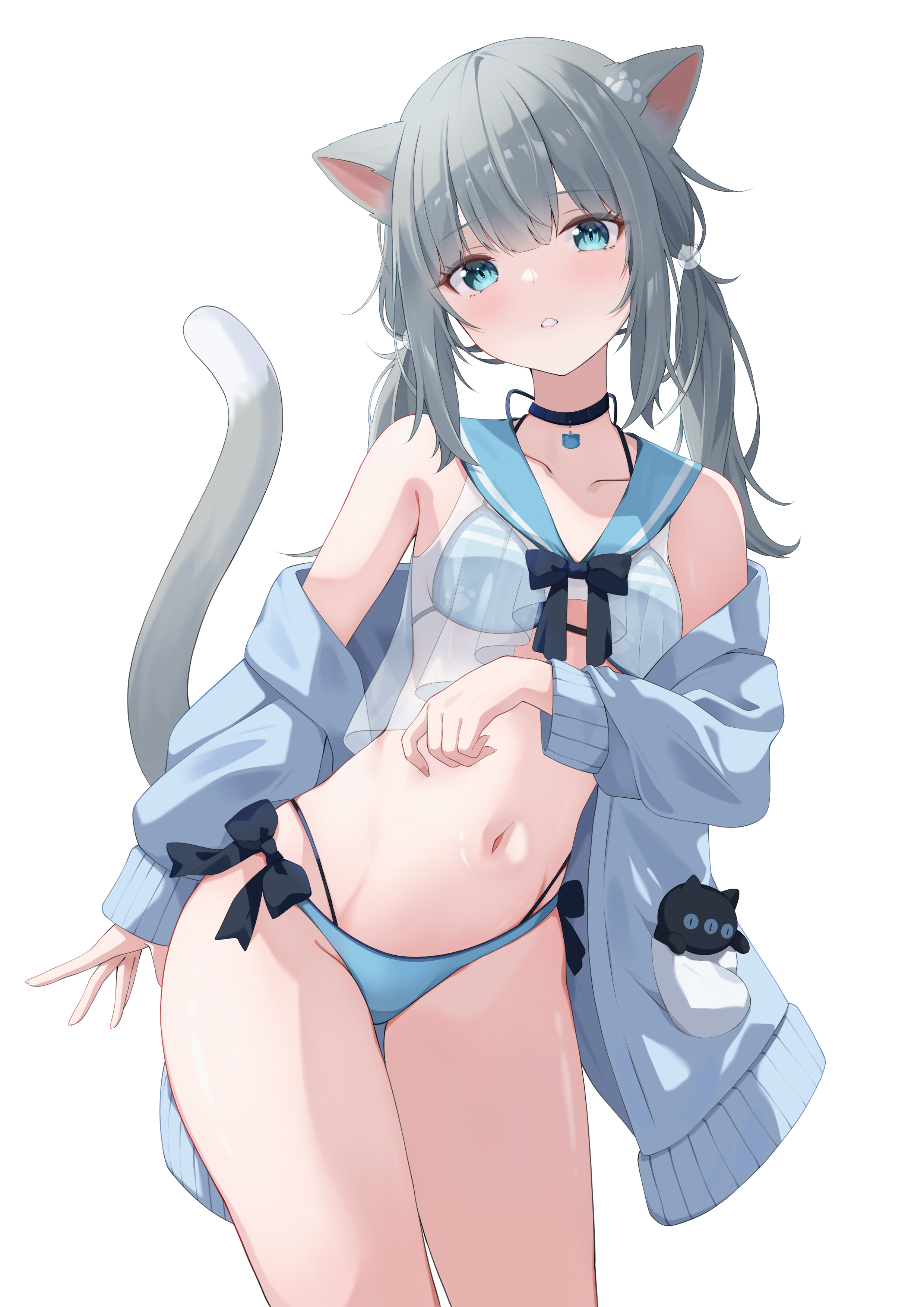 Anime 2480x3508 nacho neko anime anime girls cat girl blue eyes gray hair blue bikini twintails choker portrait display indie virtual youtuber simple background skinny white background bikini small boobs collarbone looking at viewer long hair parted lips blushing bare shoulders bow tie cat tail cat ears hair between eyes standing
