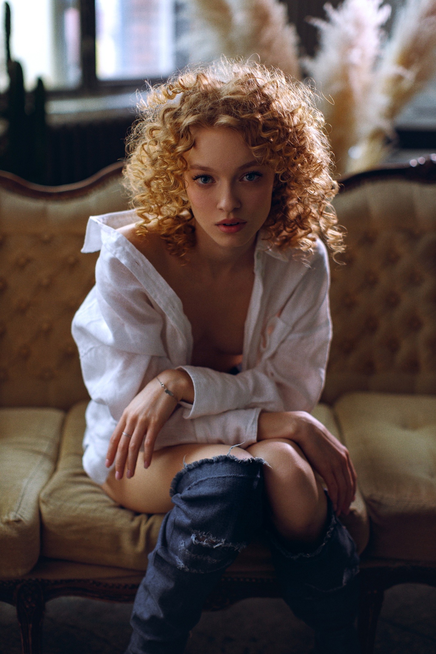 People 1439x2160 Evgeniy Potanin women redhead curly hair undressing torn jeans indoors looking at viewer open shirt no bra